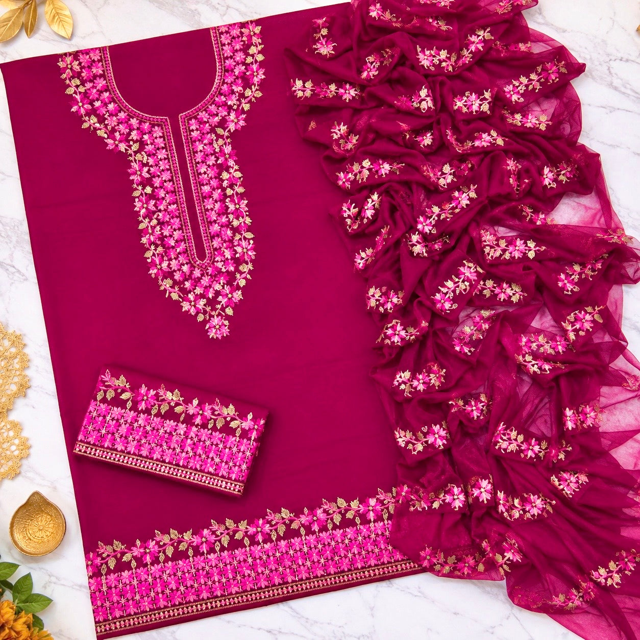 Two-Tone 3MM Sitara Thick Thread Flower Work Embroidery Soft Cotton with Chiffon Dupatta - 3PC Unstitch Dress 👗