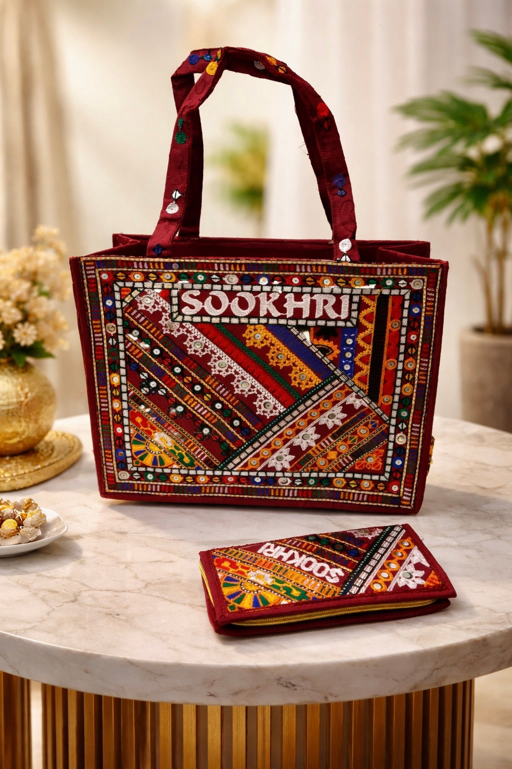 Traditional Multi-Pattern Antique Embroidered Handbag with Matching Clutch