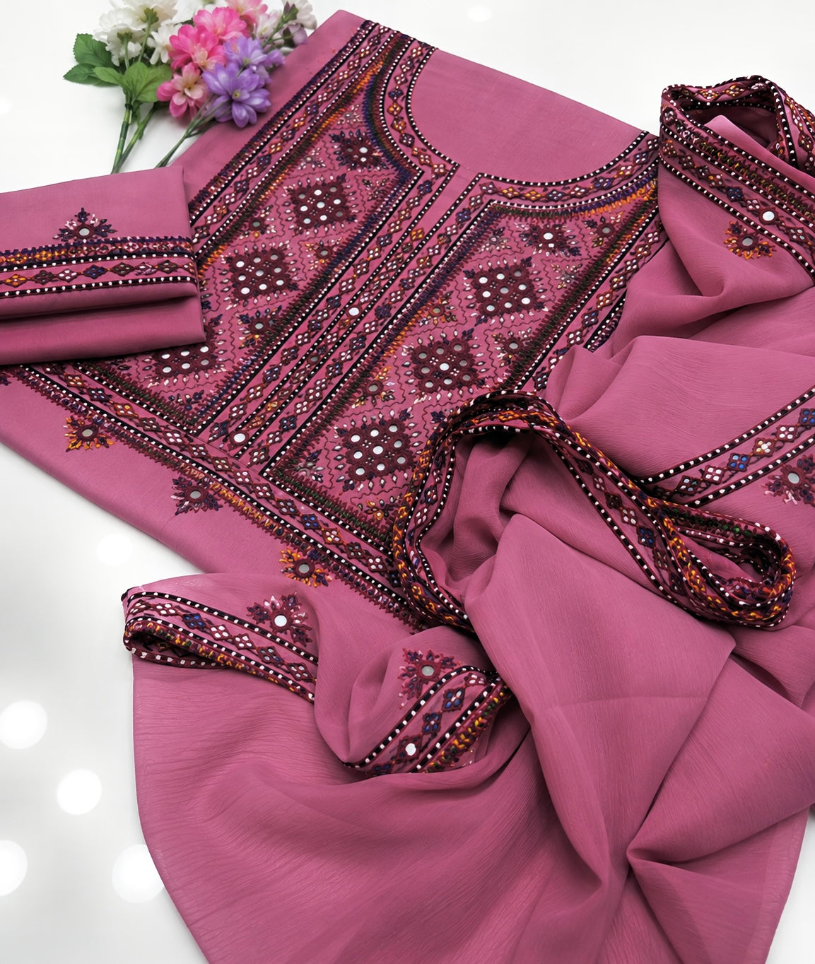 Balochi Handmade Mirror Work Soft Cotton Fabric Shirt & Trouser with Chiffon Dupatta | 3PC Unstitch Dress 👗