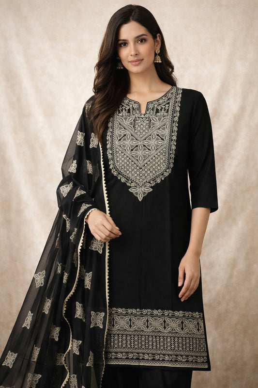 Black Soft Cotton Embroidered Suit with 3mm Sequence Work & Chiffon Dupatta – 3PC Unstitch Dress 👗