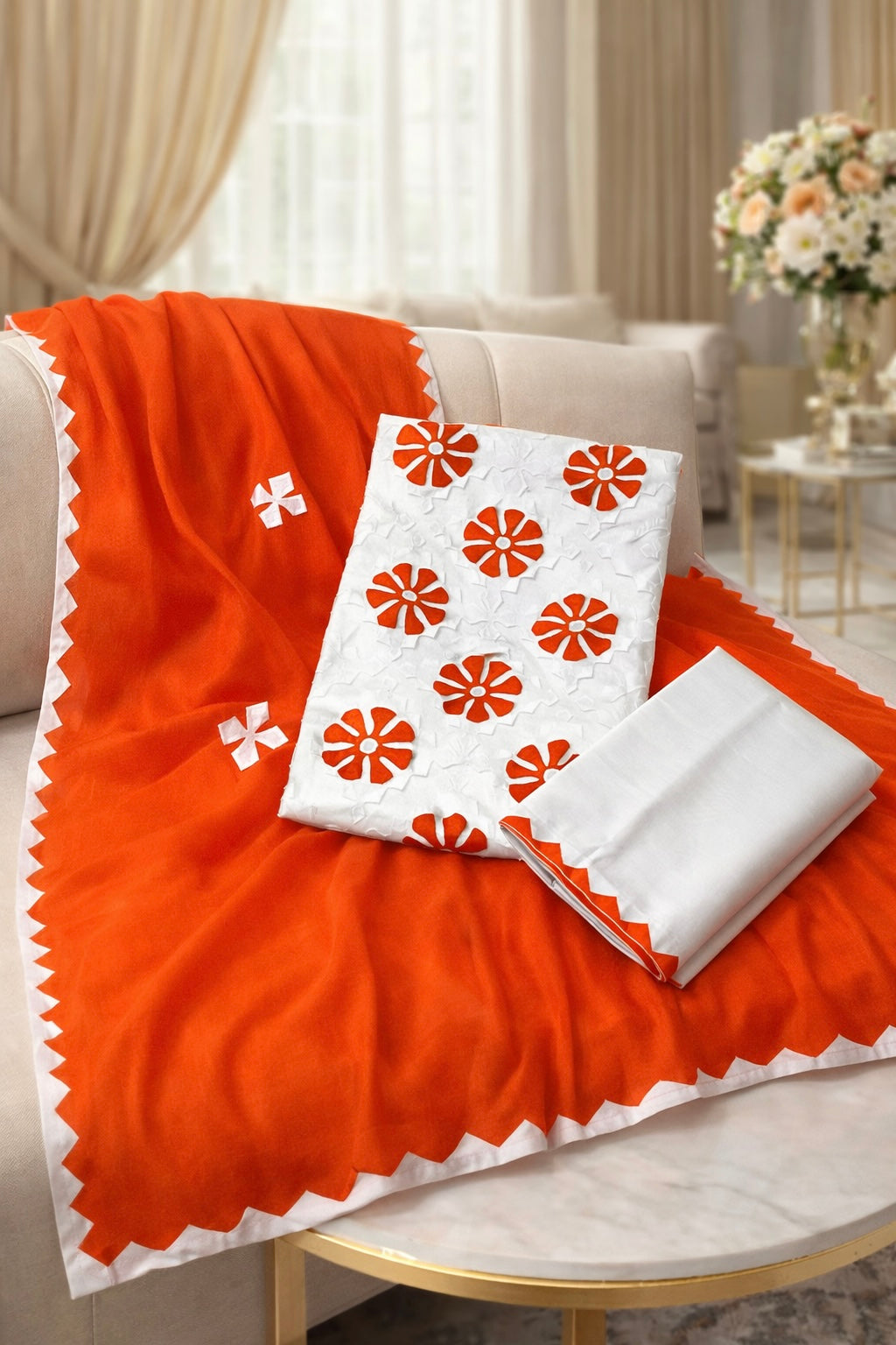 Handcrafted Soft Cotton Applique Work 3-Piece Unstitched Dress with Net Front Panel & Chiffon Dupatta