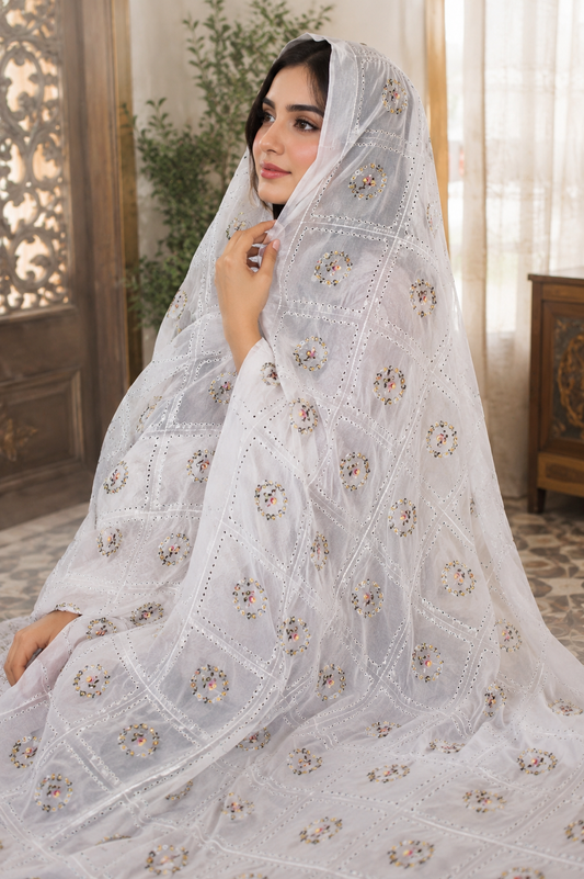 China Swiss Lawn Ladies Shawl with All Over Check Jaal Sequence Sitara Embroidery