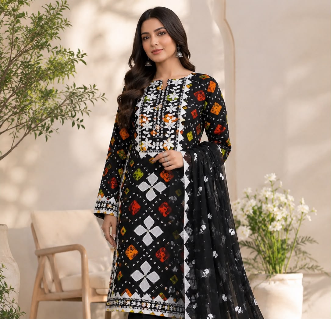 Chunri Print Applic With Embroidery Soft Cotton 3-Piece Suit
