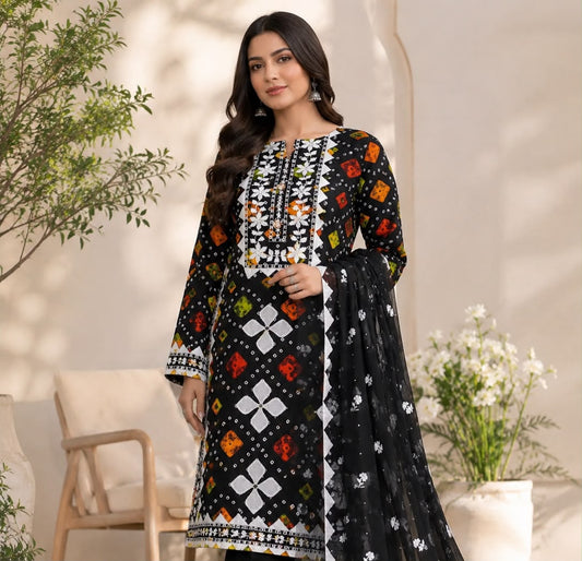 Chunri Print Applic With Embroidery Soft Cotton 3-Piece Suit