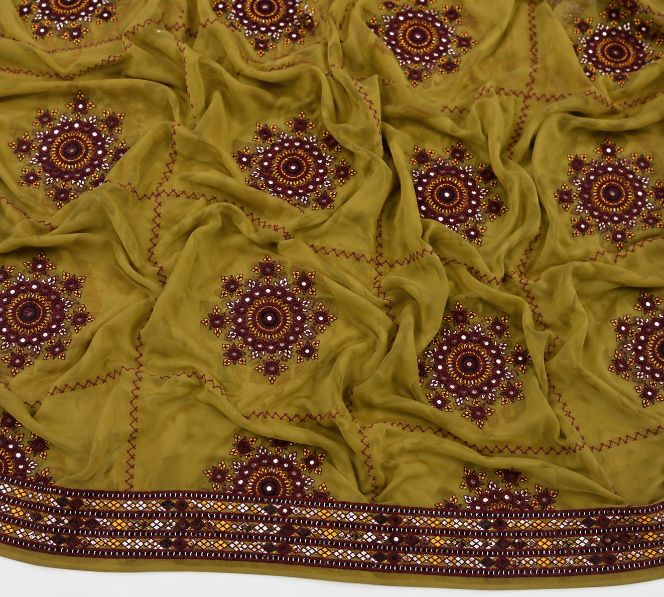 9MM Sitara Thick Thread Heavy Bunches Embroidery with Two Side Border - Swiss Lawn Chadar