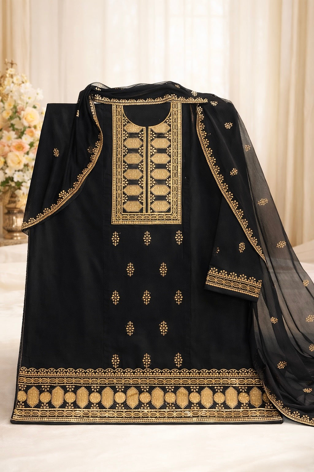 Elegant Black & Gold Sequin Embroidered Soft Cotton 3PC Dress