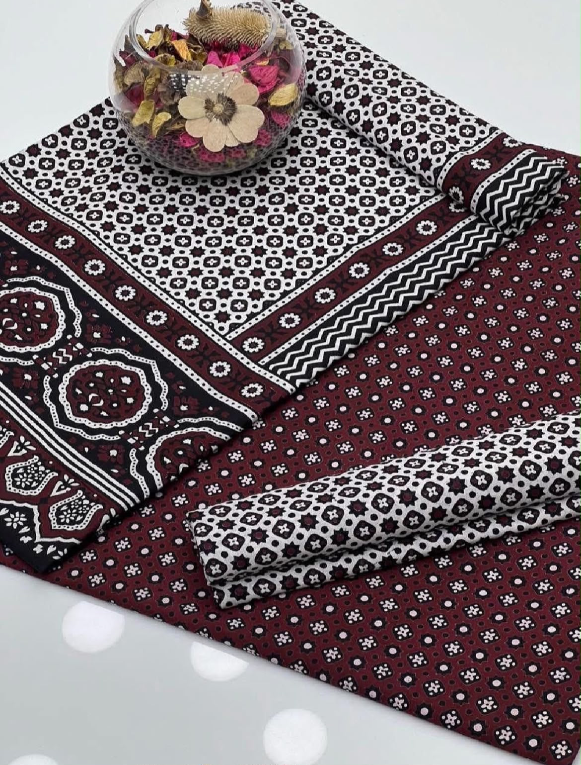 Ajrak Block Print Cotton Fabric Printed Shirt, Dupatta & Trouser | 3PC Unstitched Dress