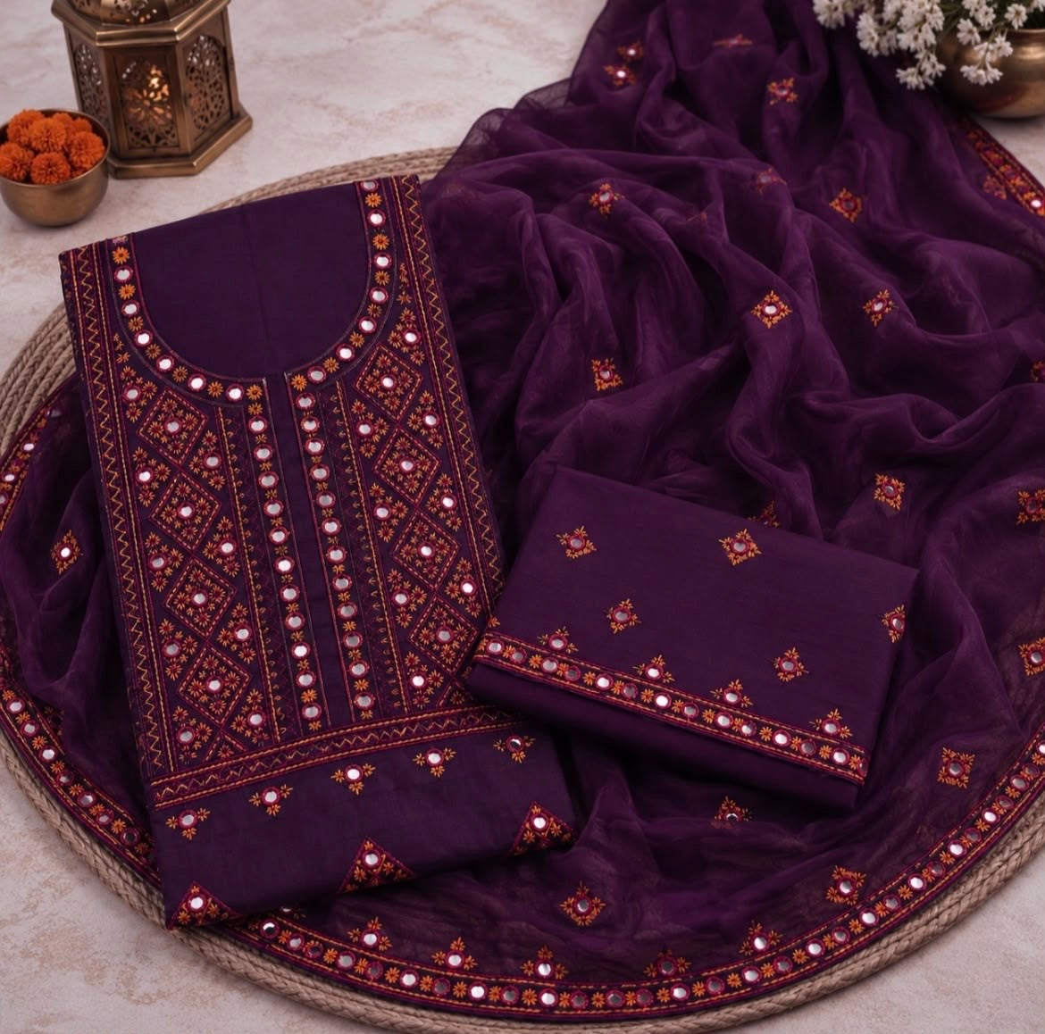 Balochi Style Thick Thread 9MM Sitara Embroidered Lawn Cotton with Chiffon Dupatta - 3PC Unstitch Dress 👗