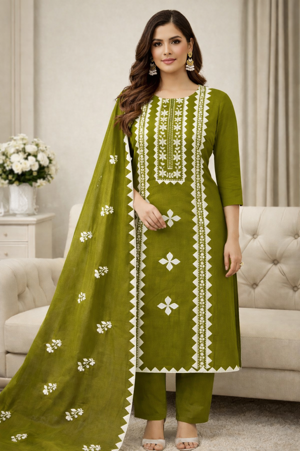 Elegant Handmade Applic Work Embroidery Lawn Cotton with Chiffon Dupatta - Unstitch 3PC Dress 👗