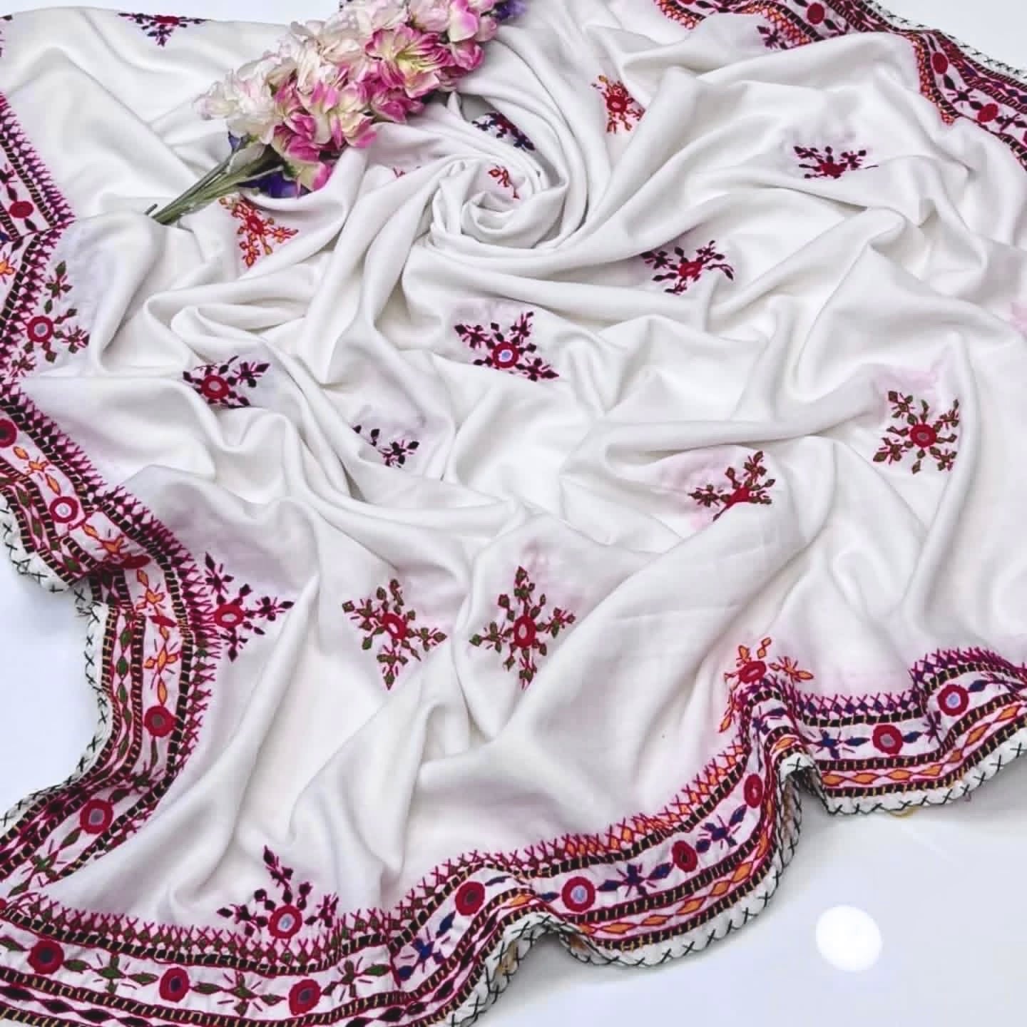 Balochi Handmade Four Border Mirror Work Swiss Voil Fabric - Ladies Long Chadar