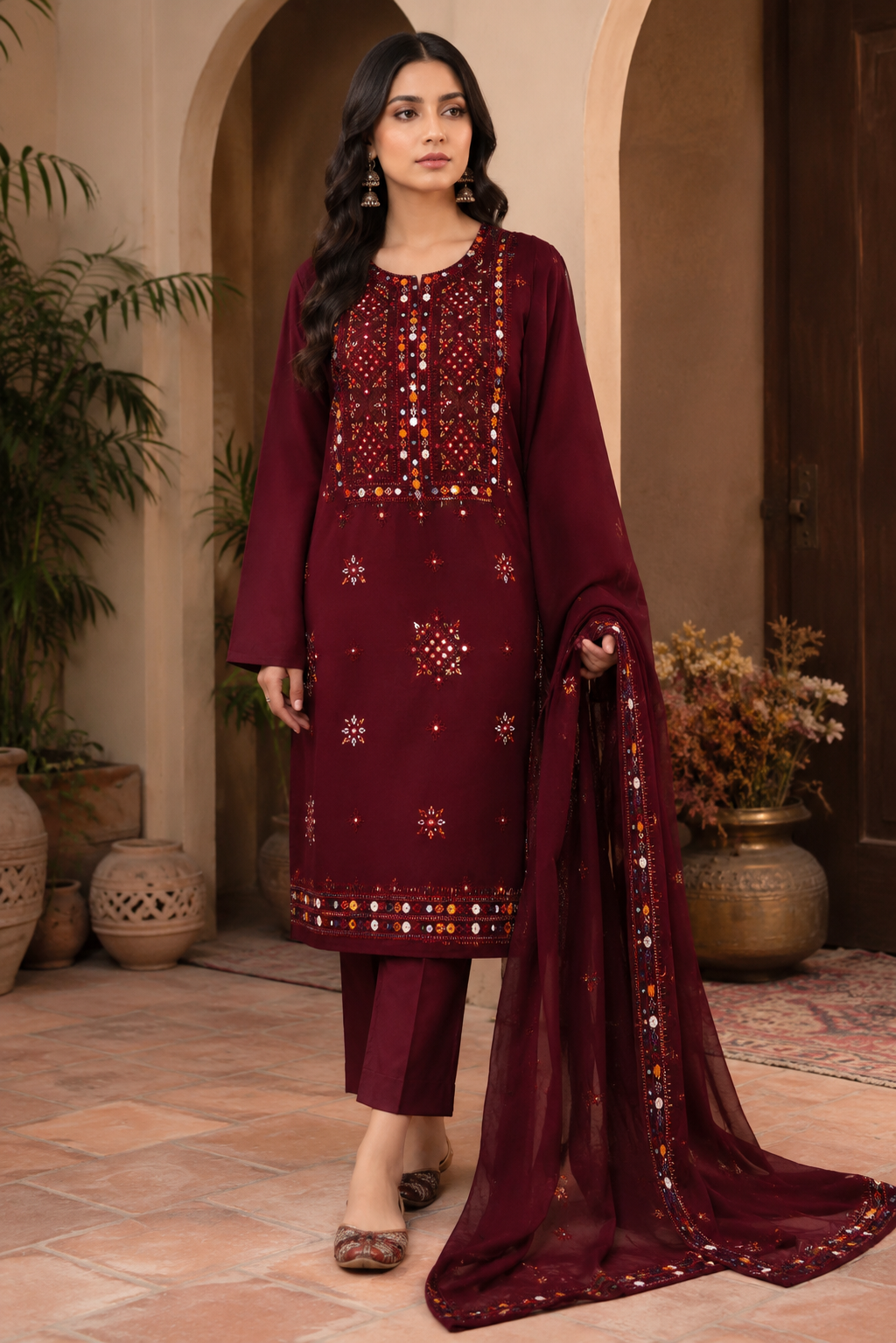 Balochi Thick Thread Sitara Embroidery Lawn Cotton With Chiffon Dupatta - 3PC Unstitch Dress 👗