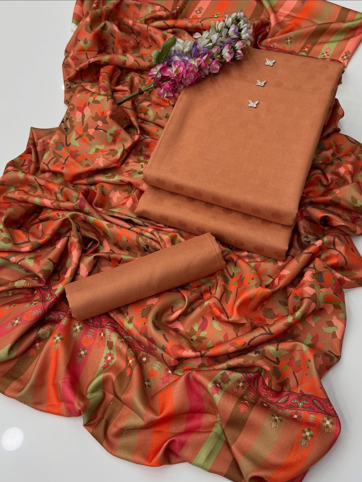 Luxury Jacquard Marina Dhanak 3 Piece Winter Suit with Digital Print Kalamkari Pashmina Shawl