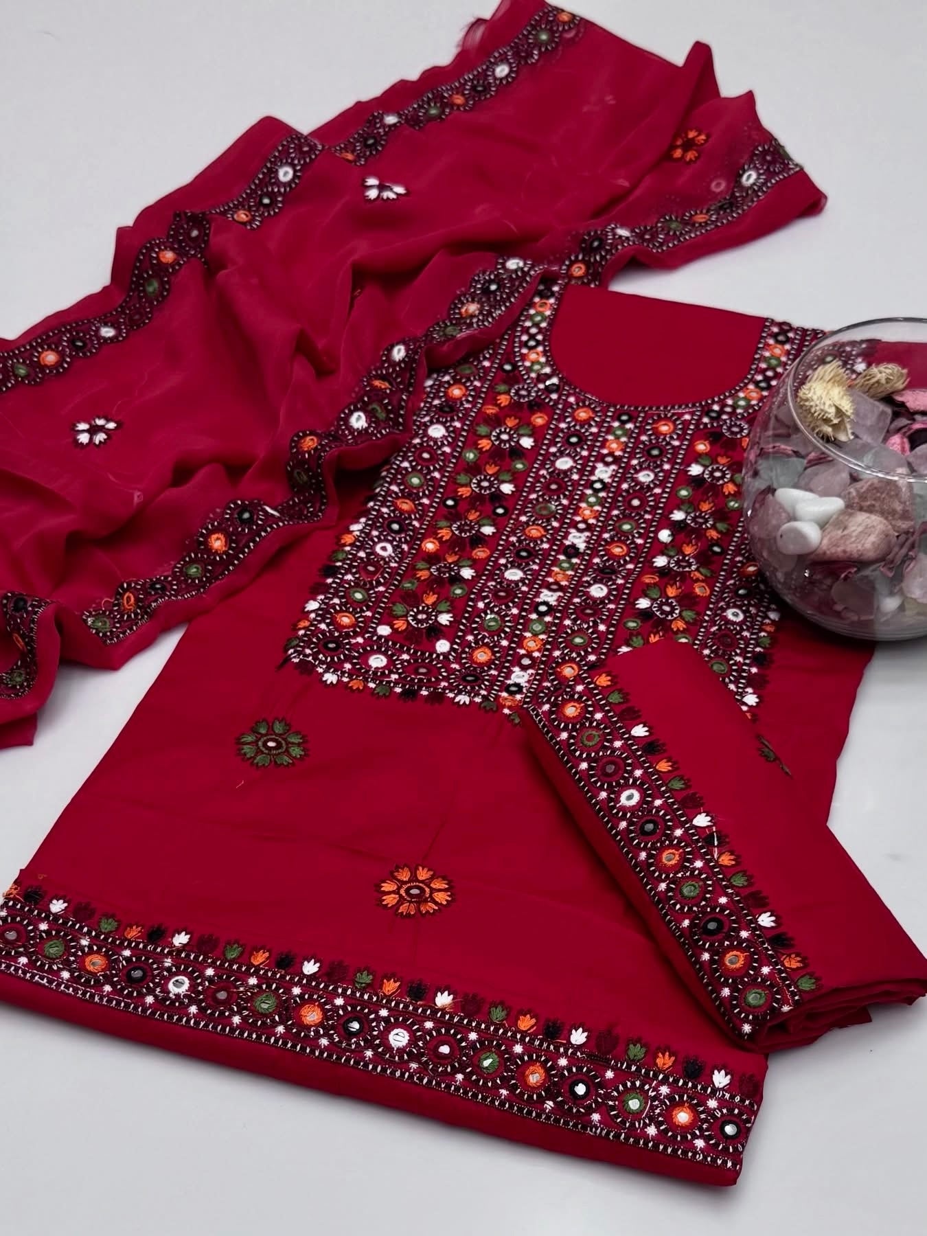 Balochi Multi Thick Thread 9MM Sitara Heavy Embroidered Lawn Cotton with Chiffon Dupatta – 3PC Unstitched Dress