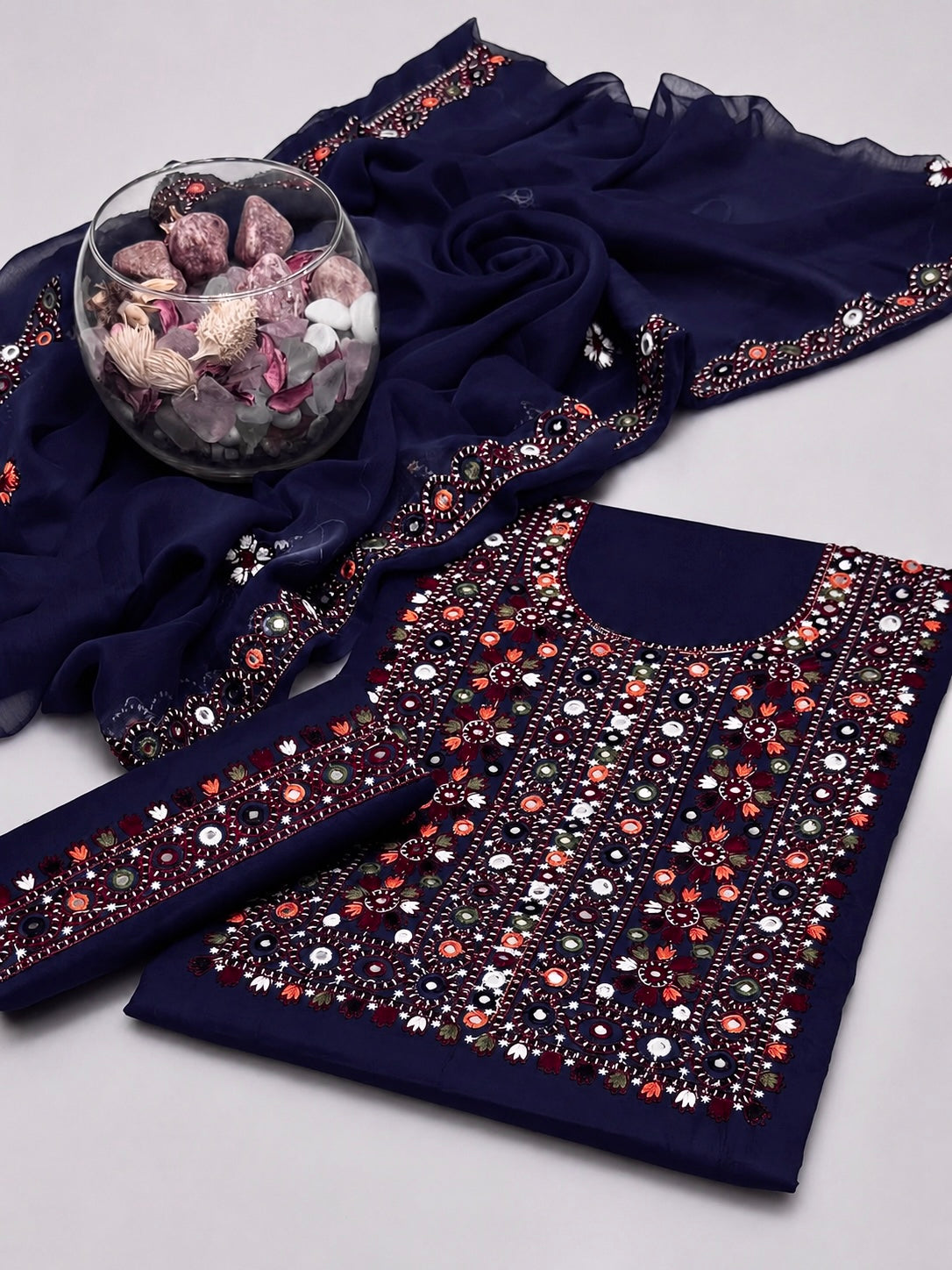 Balochi Multi Thick Thread 9MM Sitara Heavy Embroidered Lawn Cotton with Chiffon Dupatta – 3PC Unstitched Dress