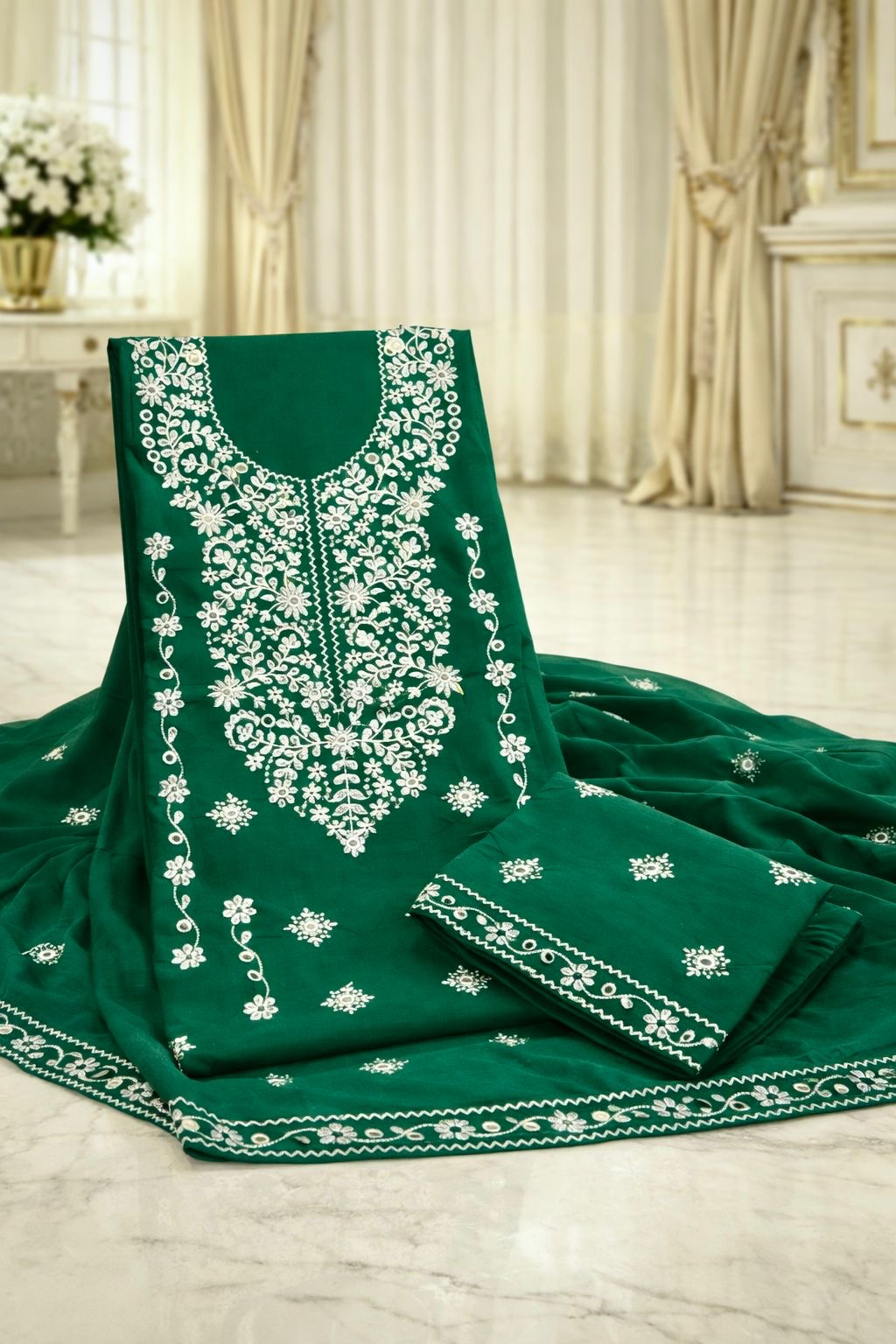 Elegant 3-Piece Pakka Thread 9MM Sitara White Embroidered 3PC Suit – | Lawn Cotton | Chiffon Dupatta