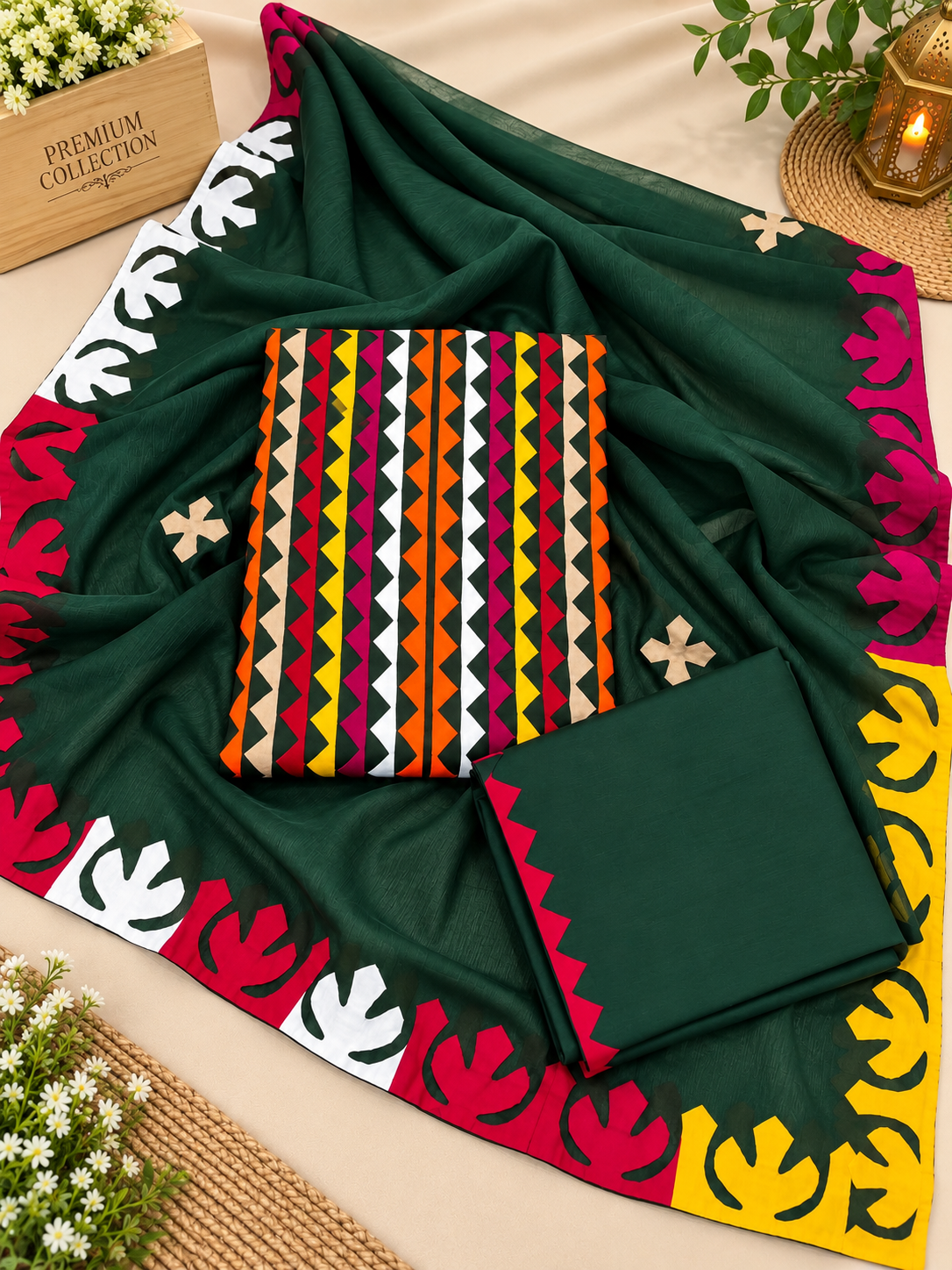 Applique Multi Zig Zag Front Panel Handmade Soft Cotton with Chiffon Dupatta - 3PC Unstitch Dress 👗