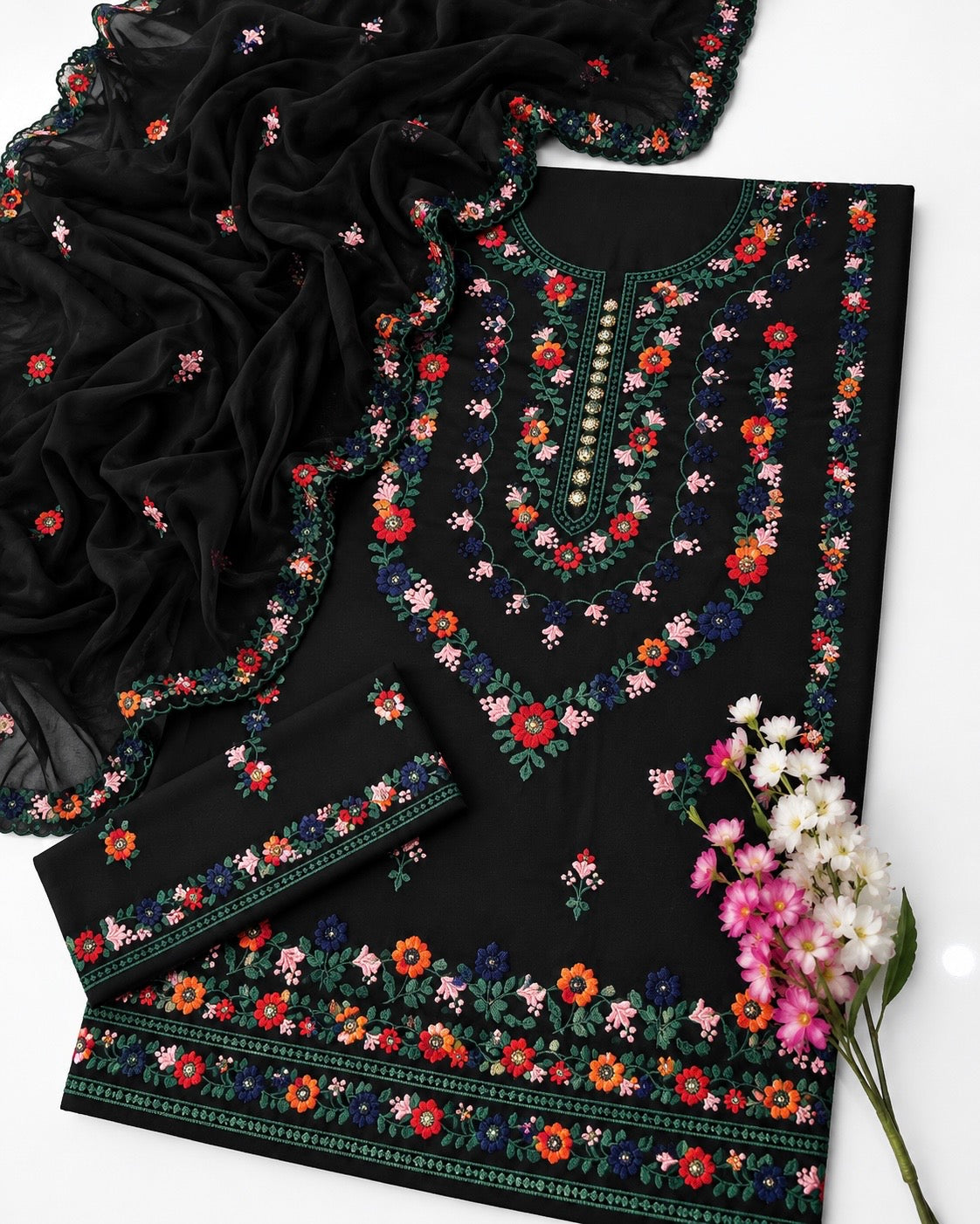 3MM Sequence Sitara Pakka Thread Multi Embroidered Soft Cotton Suit with Premium Chiffon Cutwork Dupatta – 3PC Unstitched Dress 👗