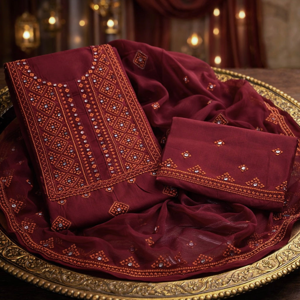 Soft Cotton 3-Piece Balochi Dress | Machine Embroidered Thick Thread & 9MM Sitara Work | Soft Chiffon Dupatta