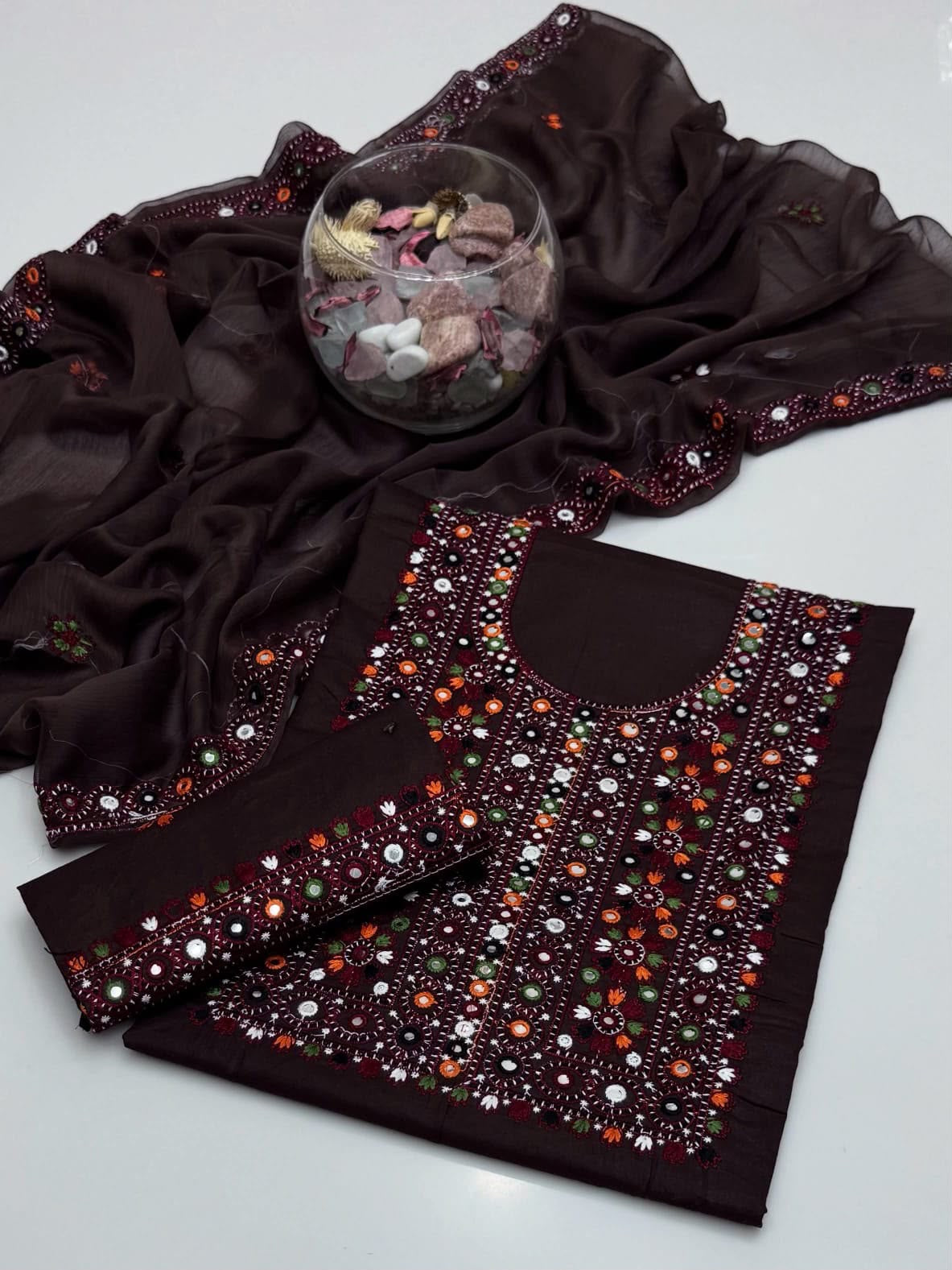 Balochi Multi Thick Thread 9MM Sitara Heavy Embroidered Lawn Cotton with Chiffon Dupatta – 3PC Unstitched Dress