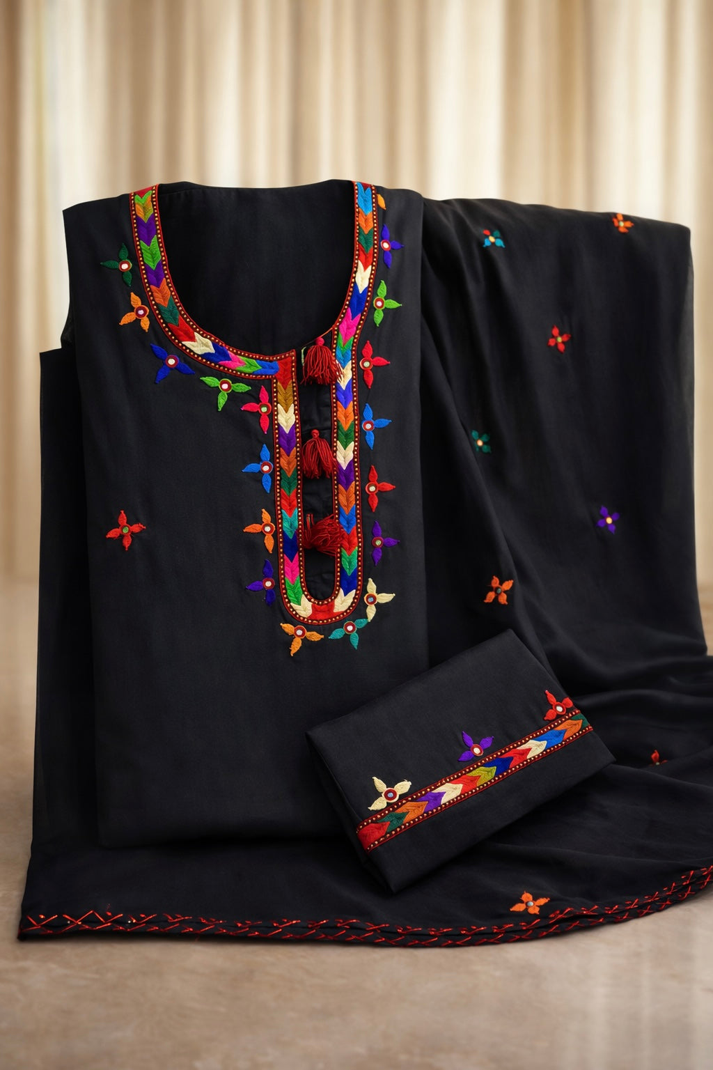 Village Work Handmade Soft Cotton With Chiffon Dupatta - 3PC Unstitch Dress 👗