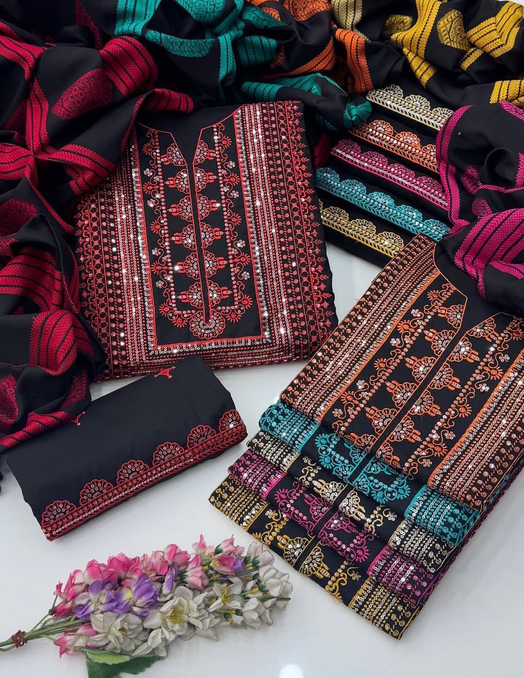 Winter Staple Sussi Suit with 3MM Sequence Sitara Computer Embroidery With Thari Shawl Jacquard Dupatta 3PC Dress 👗