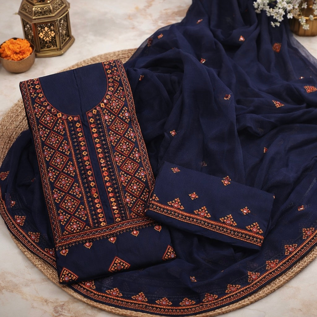 Soft Cotton 3-Piece Balochi Dress | Machine Embroidered Thick Thread & 9MM Sitara Work | Soft Chiffon Dupatta