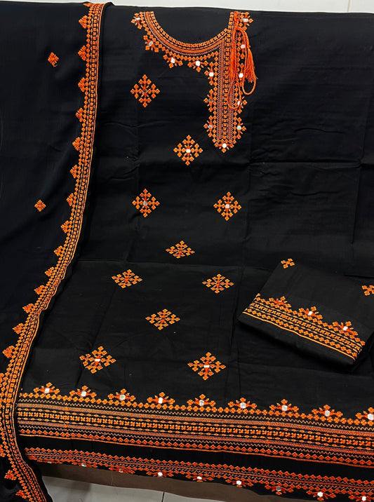 Angrakha Style Black & Orange Machine Embroidered Soft Cotton 3-Piece Suit with Mirror Work & Chiffon Dupatta