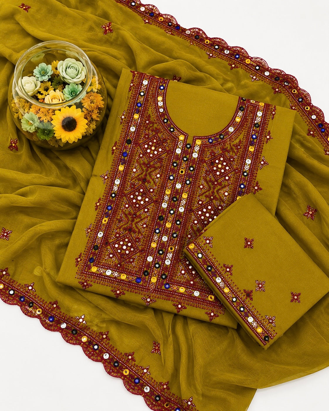 Balochi Thick Thread 9MM Sitara Work Machine Embroidered Soft Cotton with Two Side Cutwork Border Chiffon Dupatta - 3PC Unstitched Dress 👗