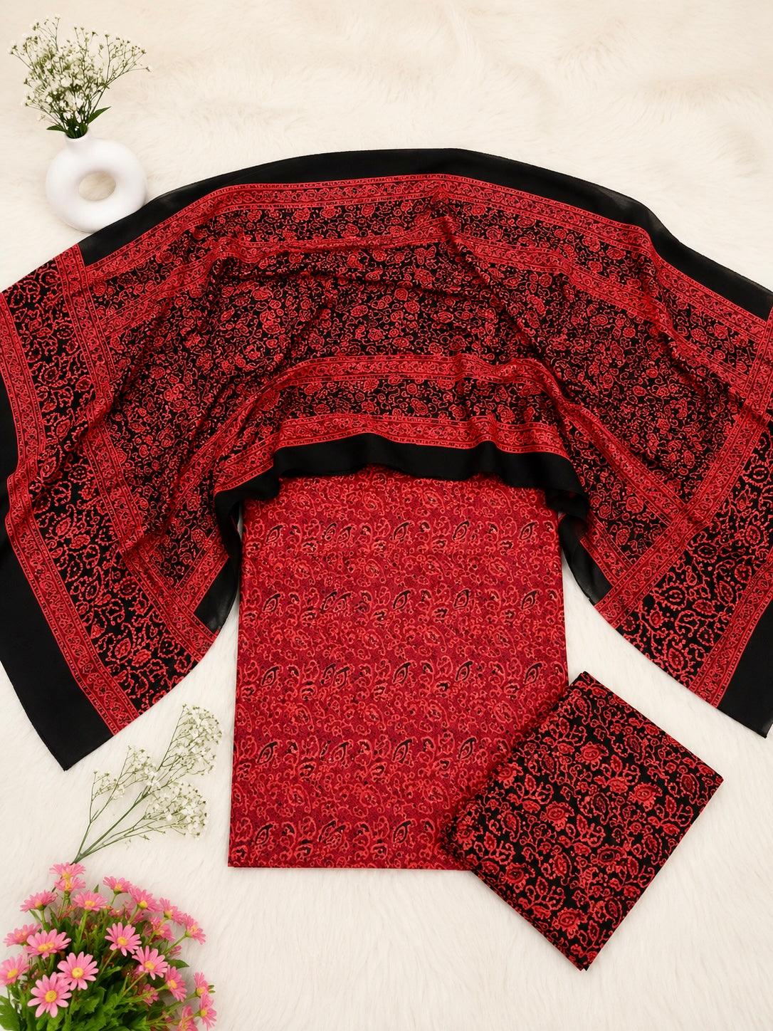 Malir Ajrak Block Print Cotton Fabric - Unstitched 3PC Dress