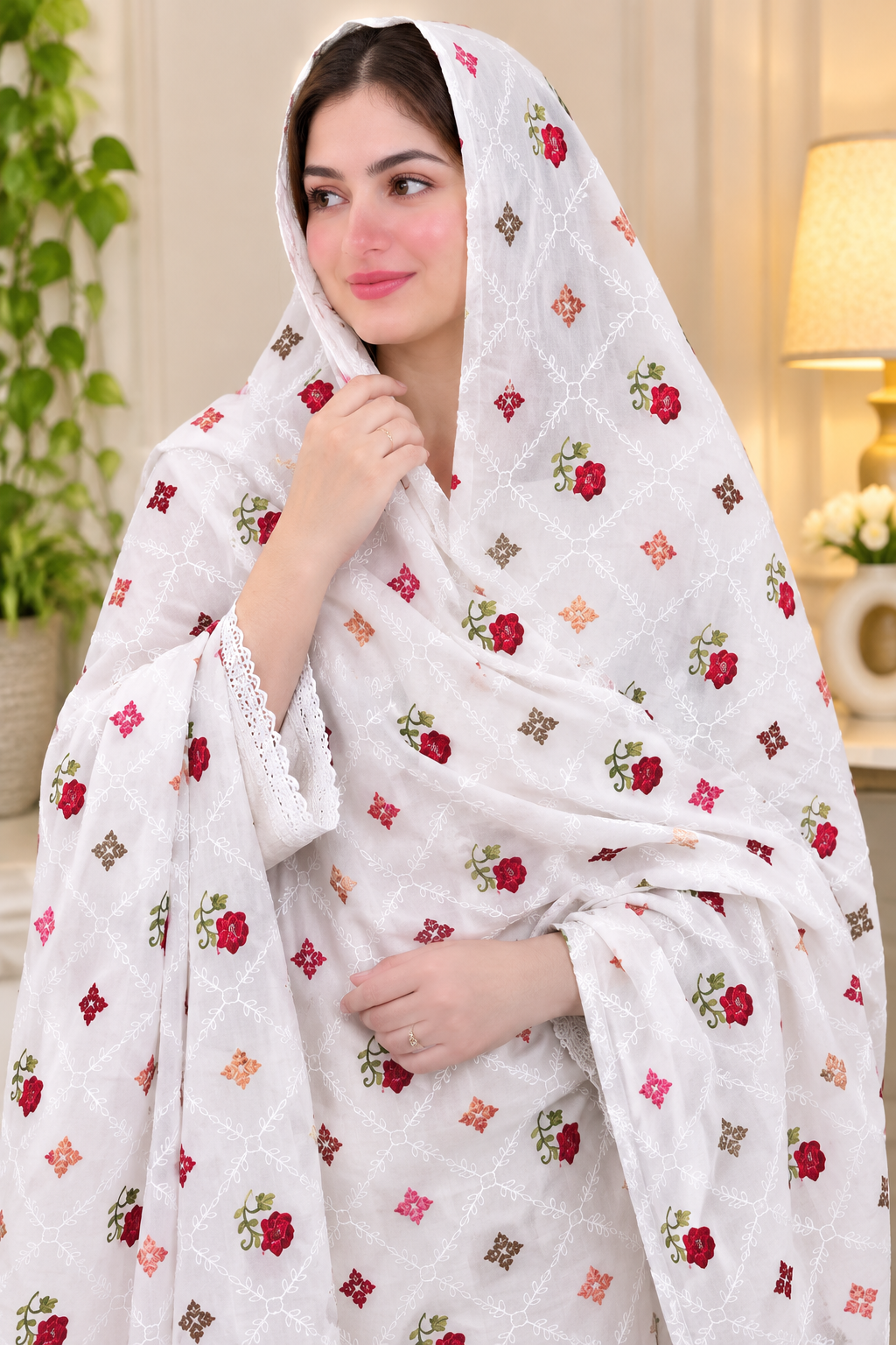 Flower Check Style Full Jaal Computer Embroidered Ladies Chadar – Swiss Voile Fabric
