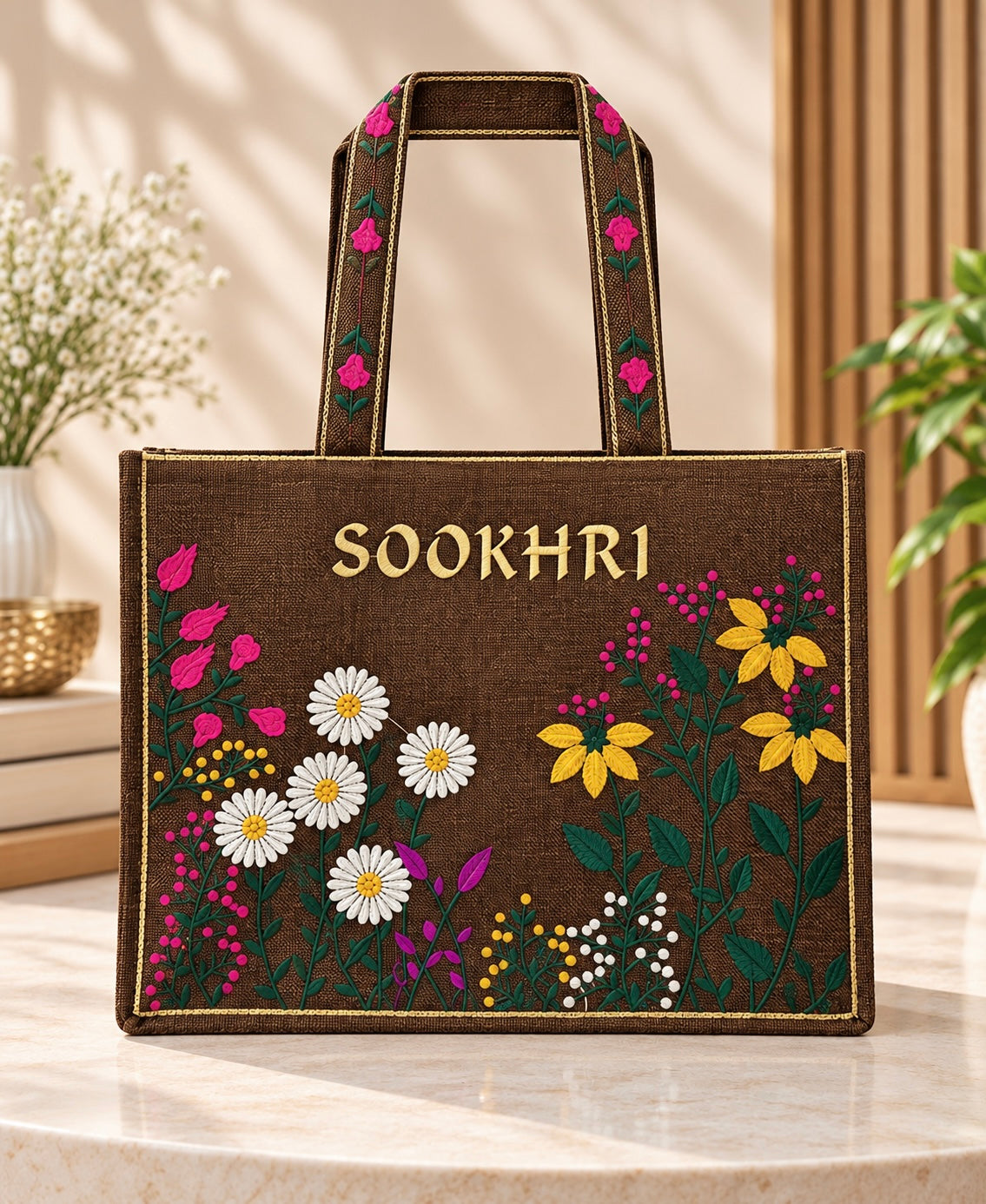 Jute Fabric Computer Flower Embroiderd Tote Bag – (14 Inches Length | 11 inches Width)