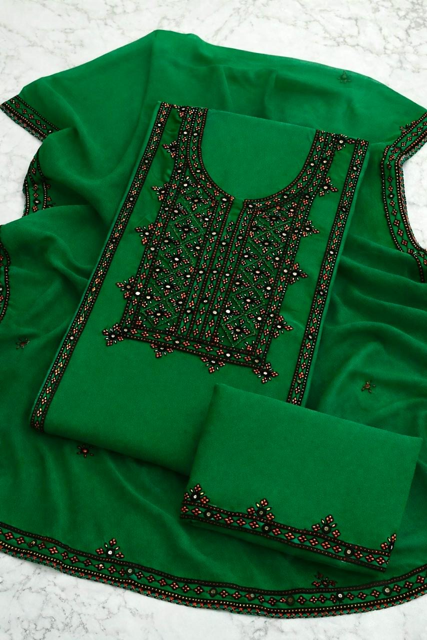 Pure Handmade Balochi Embroidered Unstitched 3-Piece Suit with Original Mirror Work