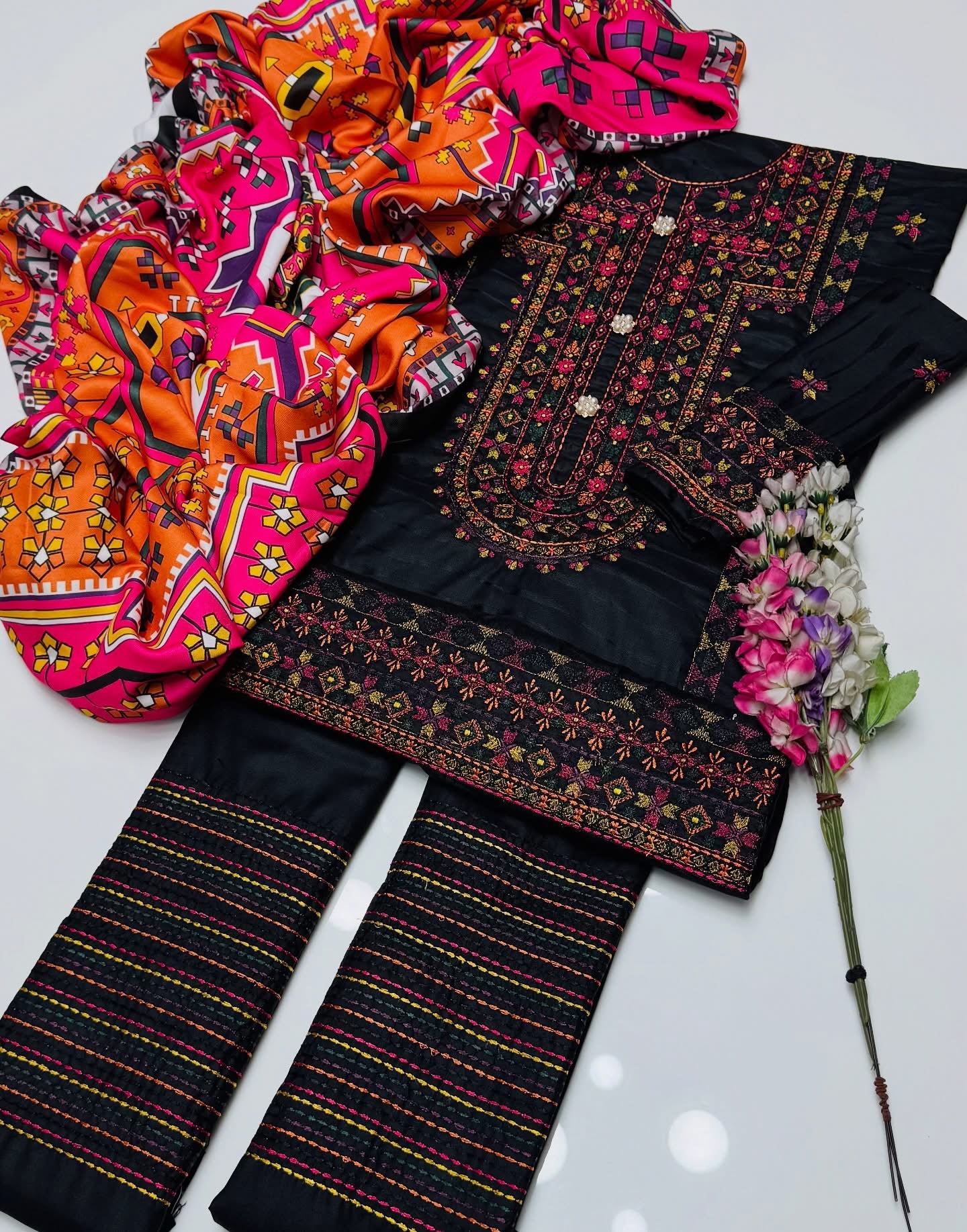Winter Dhanak 3-Piece Suit – Heavy Multi Embroidered Shirt with Digital Printed Multi Shawl & Embellished Trouser