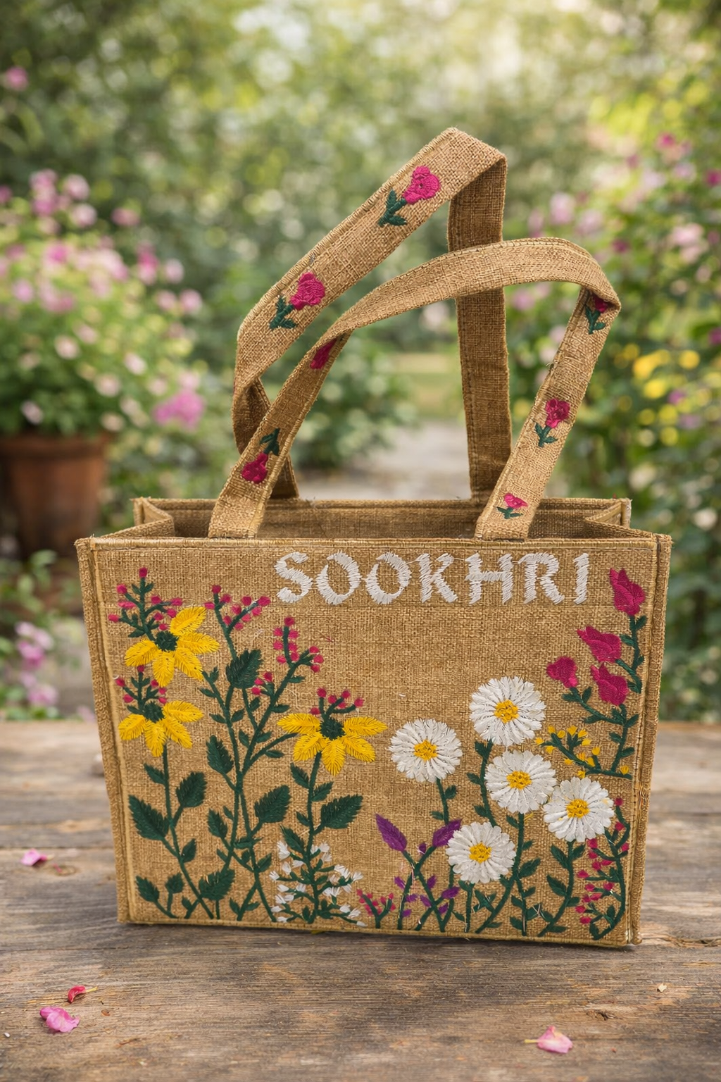 Floral Embroidered Jute Fabric Tote Bag – Medium Size