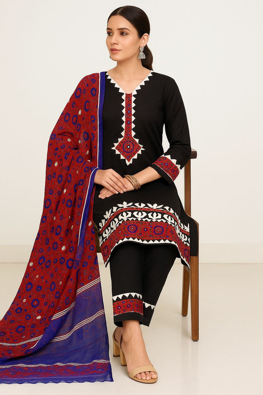 Ajrak Applic Work With Ajrak Dupatta Handmade 3pc Dress