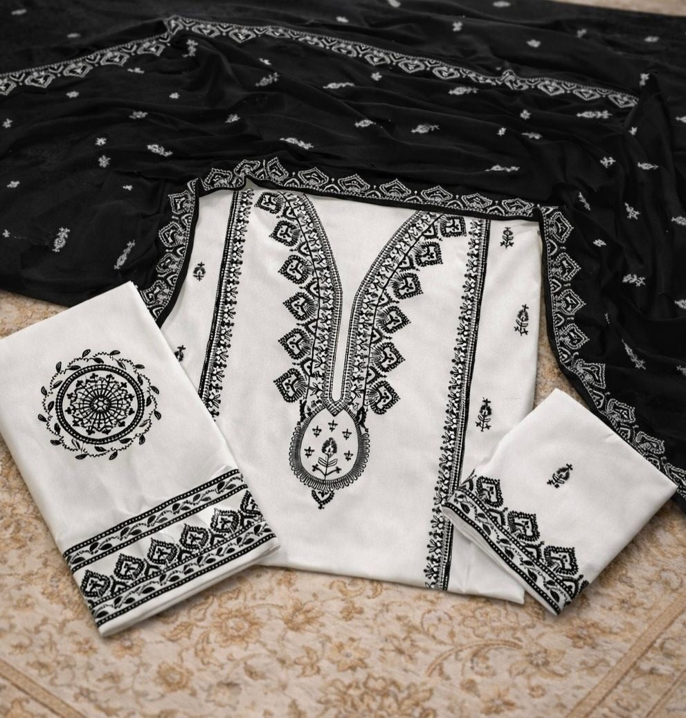Black & White Kashmiri Embroidered Lawn 3 Piece Suit with Chiffon Dupatta – Unstitched