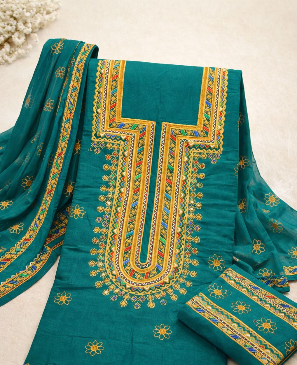 Soft Cotton Zari Work Embroidered 3-Piece Suit – Shirt, Trouser & Dupatta