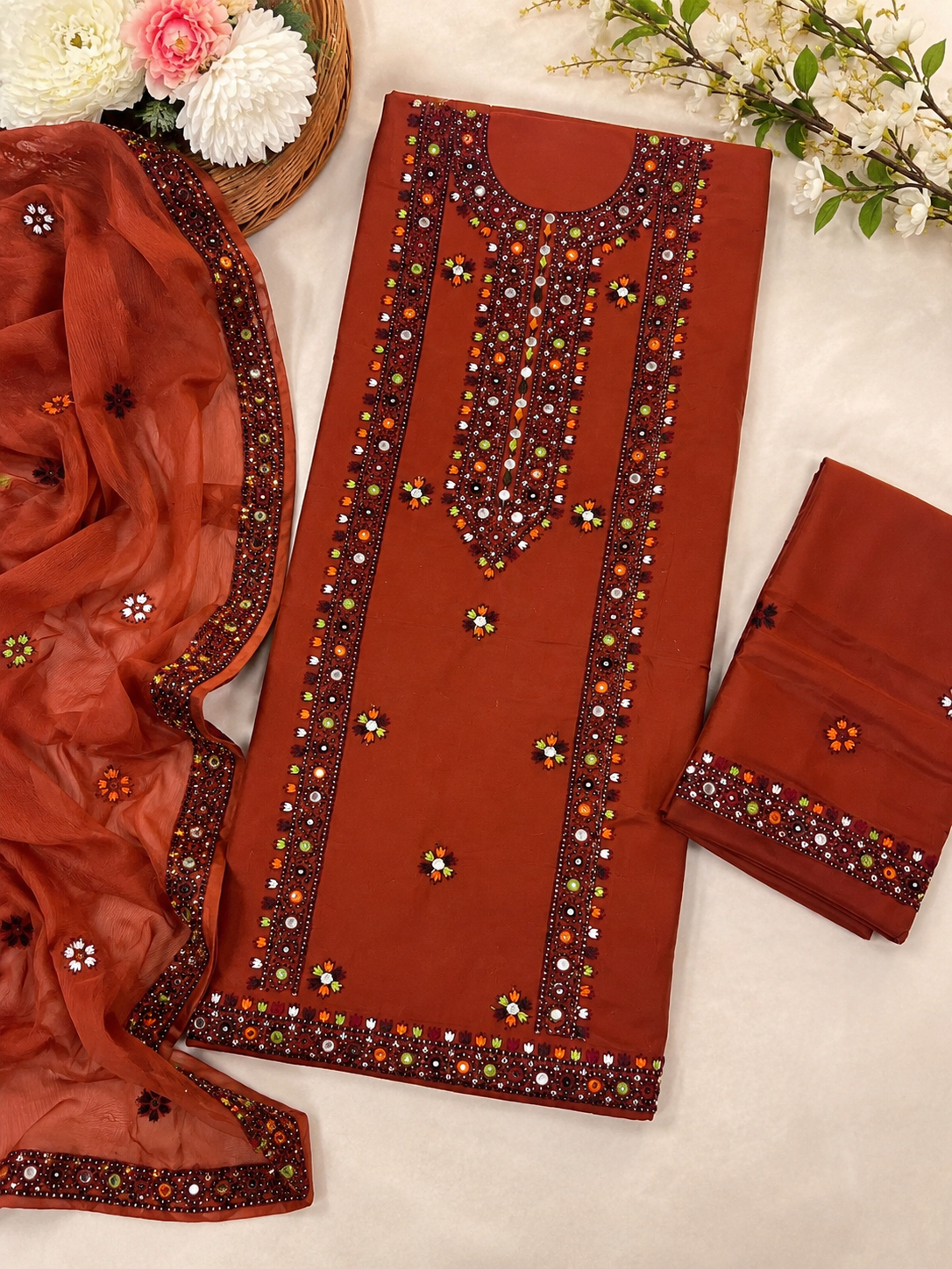 Balochi Multi Thick Thread & 9MM Sitara Heavy Embroidered Lawn Cotton Shirt & Trouser with Chiffon Dupatta | 3 Piece Unstitched Dress
