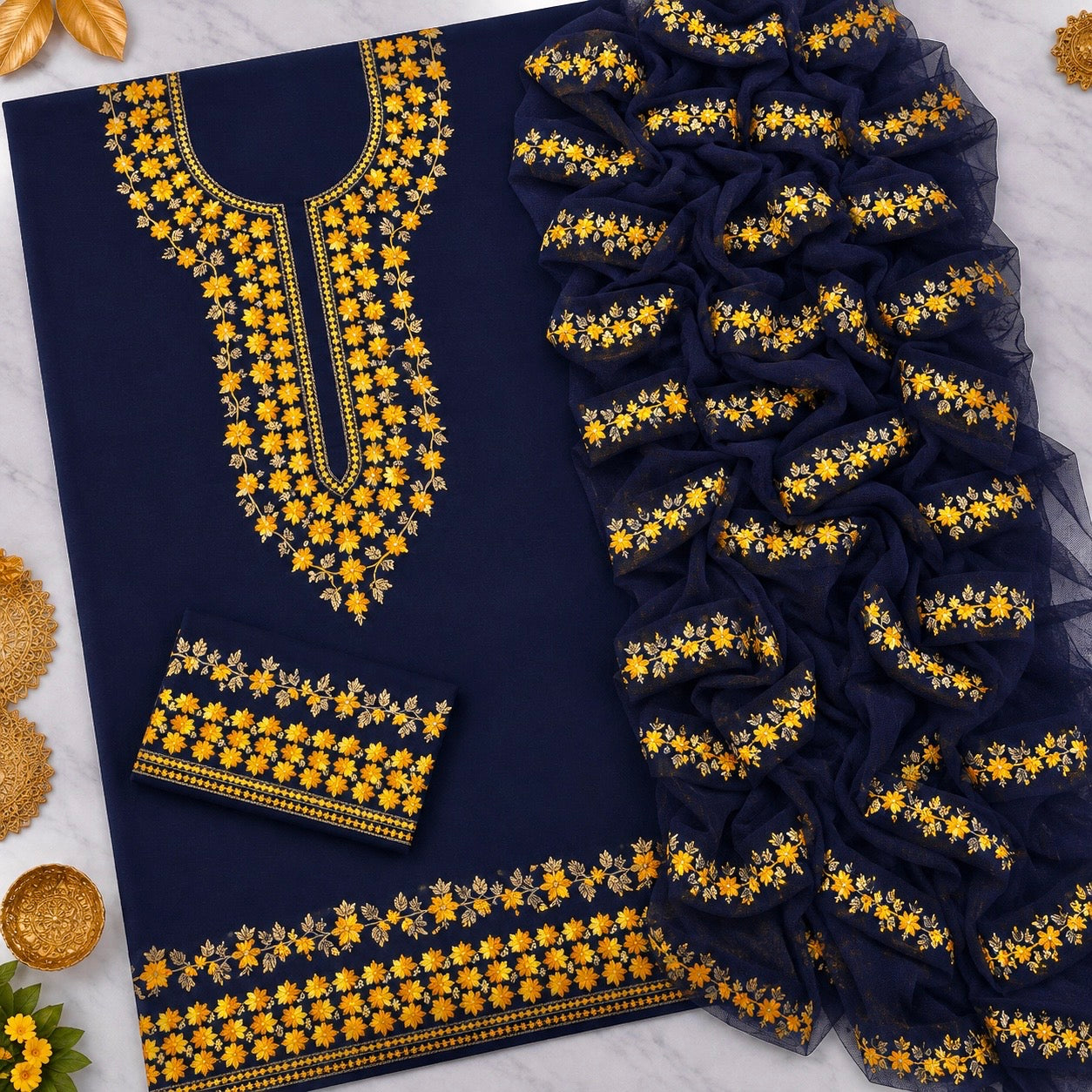 Two-Tone 3MM Sitara Thick Thread Flower Work Embroidery Soft Cotton with Chiffon Dupatta - 3PC Unstitch Dress 👗
