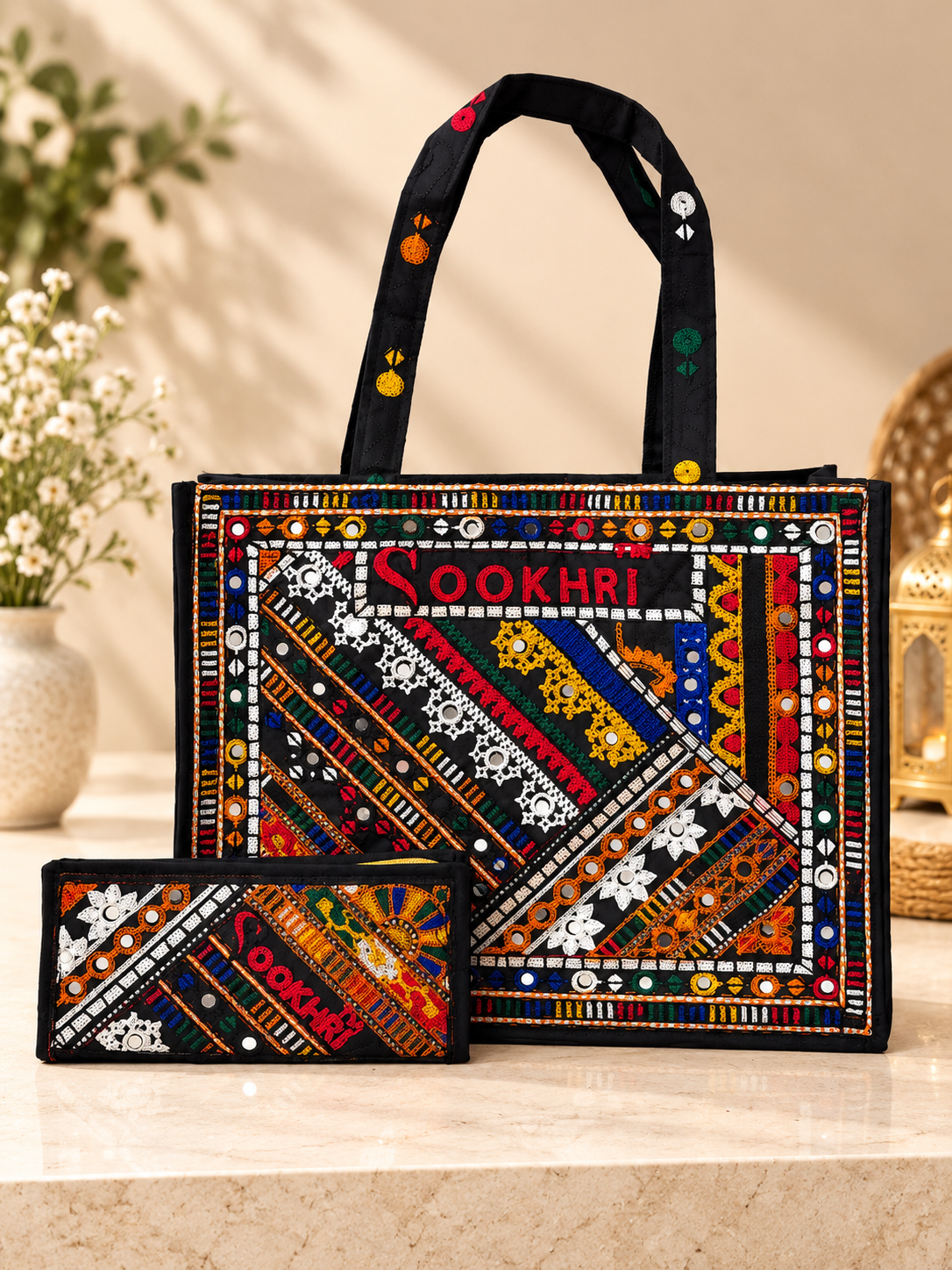 Traditional Multi-Pattern Embroidered Handbag with Matching Clutch – Antique Design