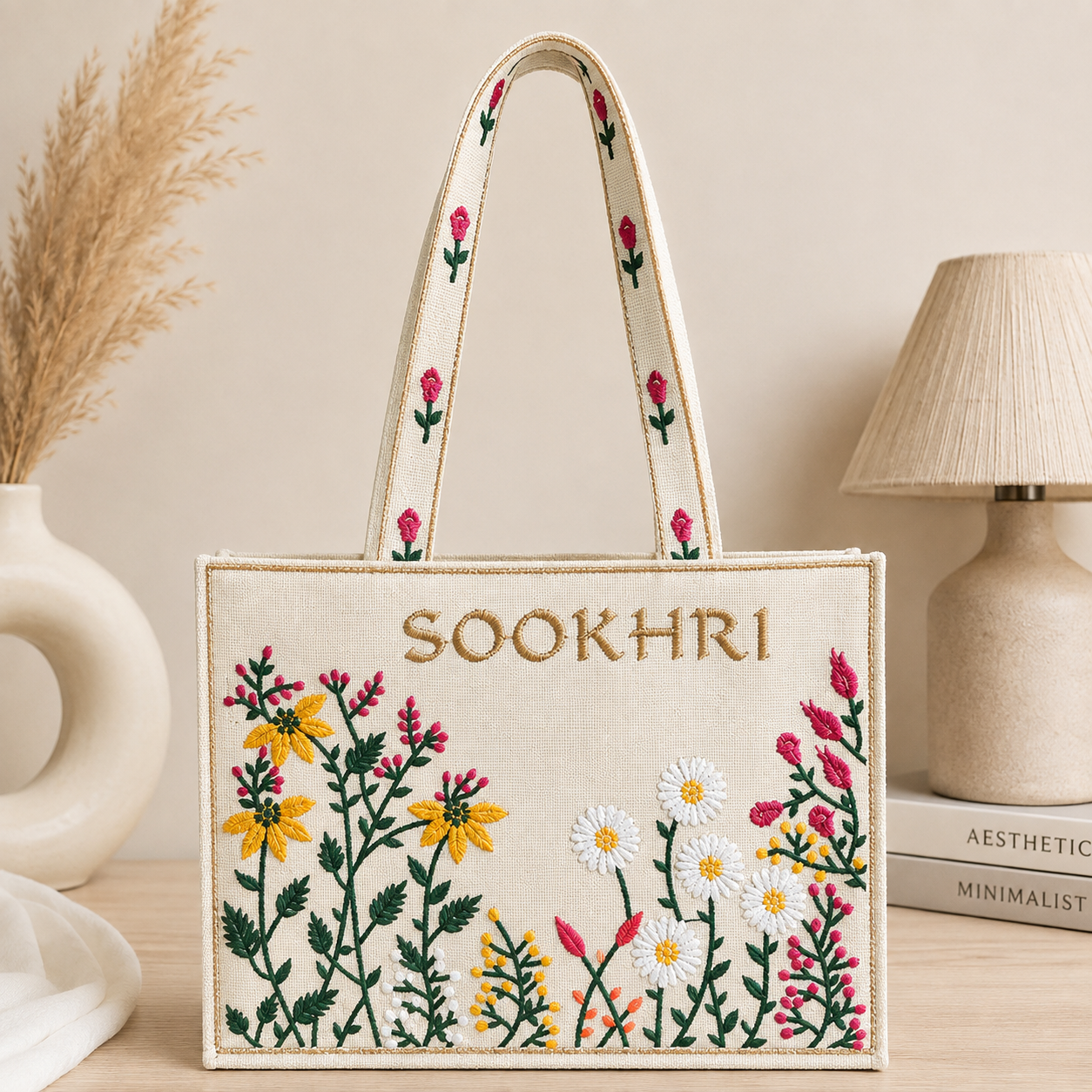 Jute Fabric Computer Flower Embroiderd Tote Bag – (14 Inches Length | 11 inches Width)