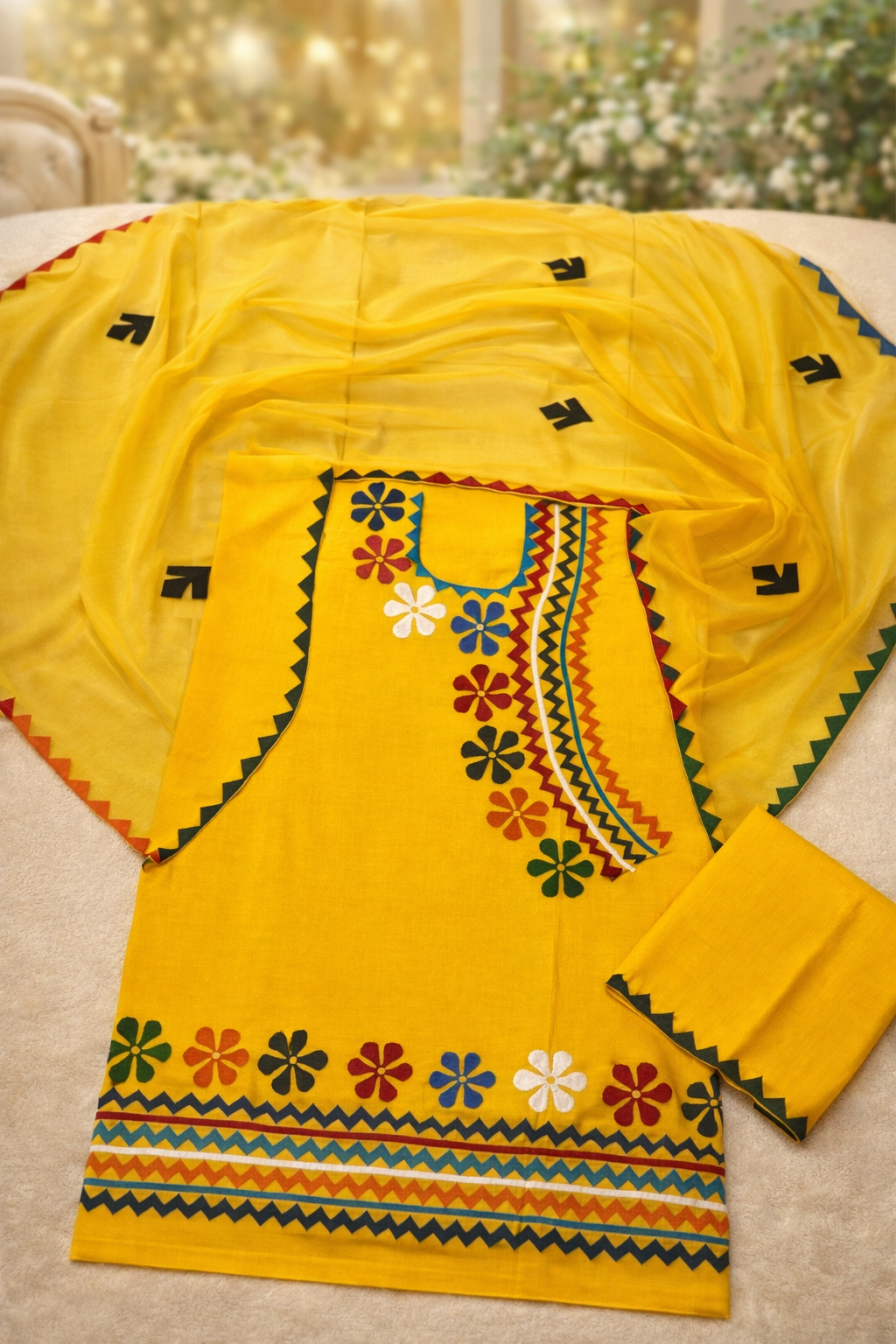 Angrakha Neck Style Multi Applique Work Handmade Lawn Cotton with Chiffon Dupatta - 3PC Unstitch Dress 👗