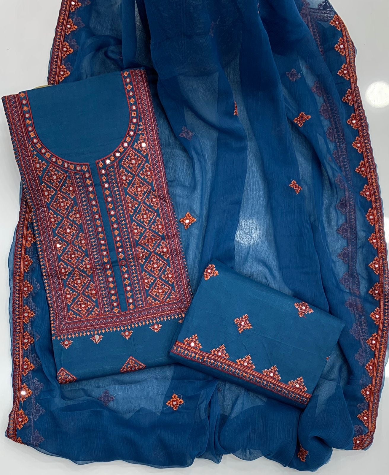 Winter Soft Cotton 3-Piece Balochi Dress | Machine Embroidered Thick Thread & 9MM Sitara Work | Soft Chiffon Dupatta