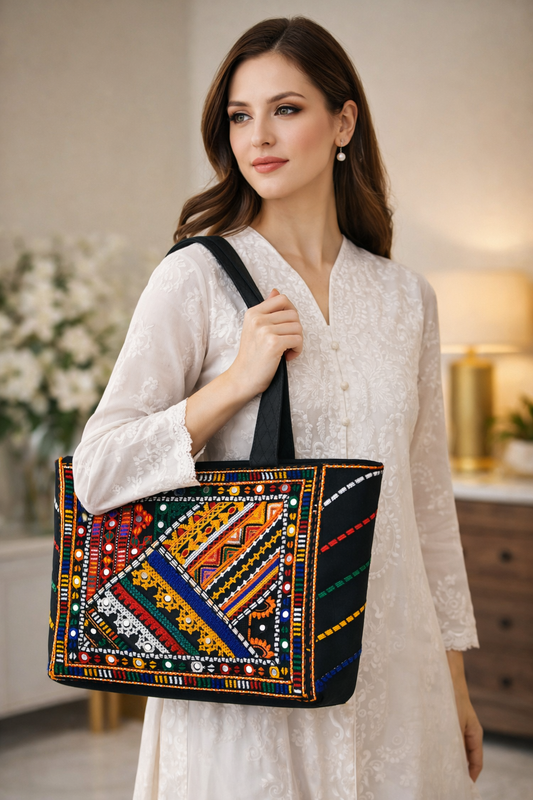 Antique Style Front-Back Multi Embroidery Tokri Handbag (Large Size)