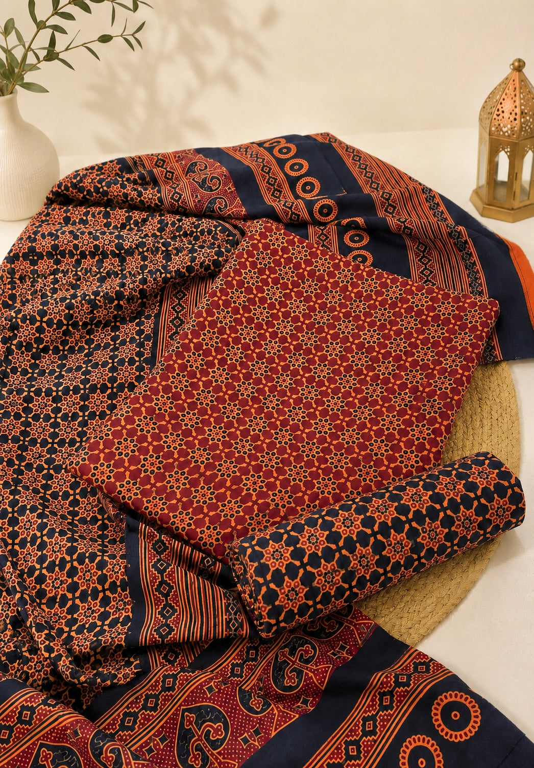 Malir Ajrak Block Print Cotton Fabric - Unstitched 3PC Dress