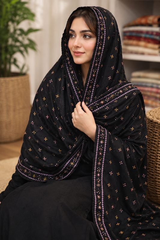 Elegant Swiss Lawn Chadar with All-Over Canvas Boti Embroidery & Two Side Border
