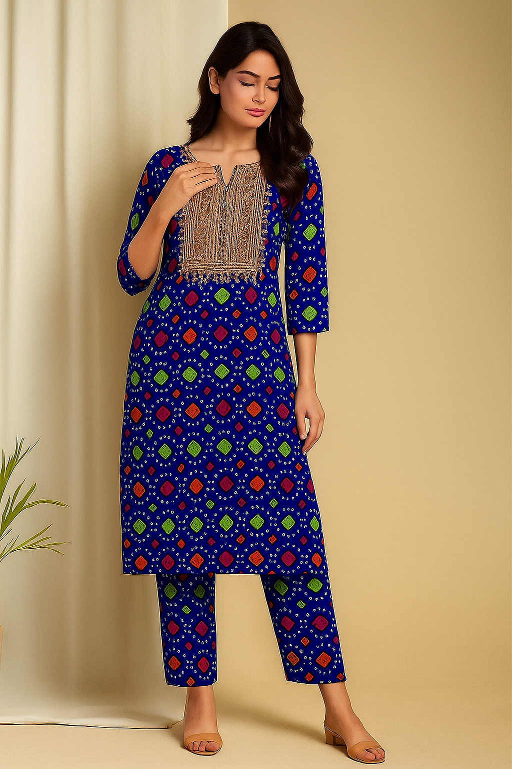 2-Piece Soft Cotton Chunri Suit with Zari Mirror Neck Embroidery