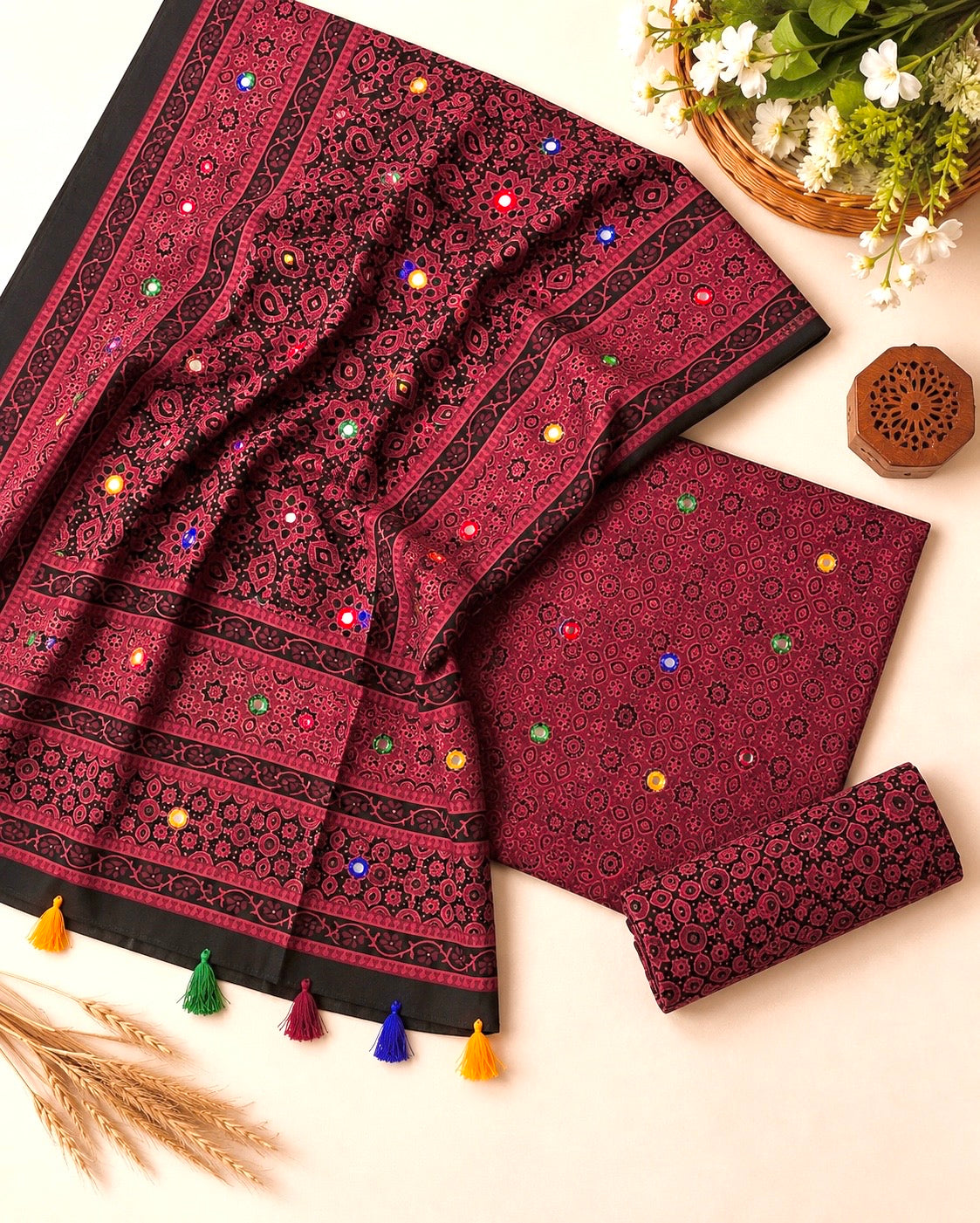 Ajrak Block Print Cotton 3-Piece Suit with Multi Sitara Foil Work – Hand-Dyed Traditional Elegance