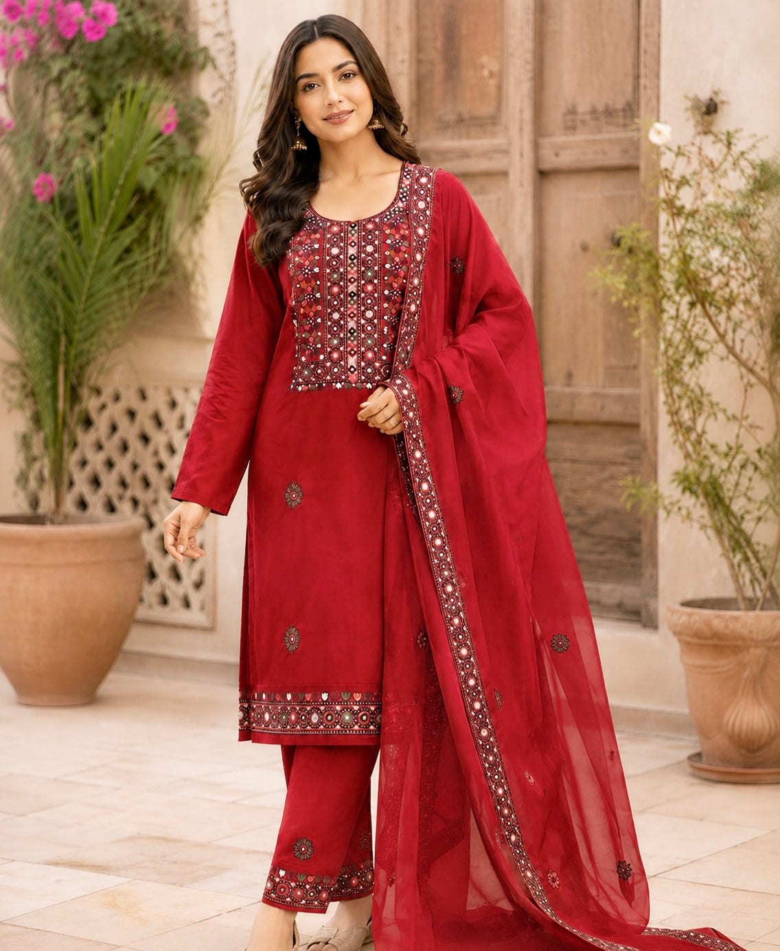 Balochi Multi Thick Thread 9MM Sitara Heavy Embroidered Lawn Cotton with Chiffon Dupatta – 3PC Unstitched Dress