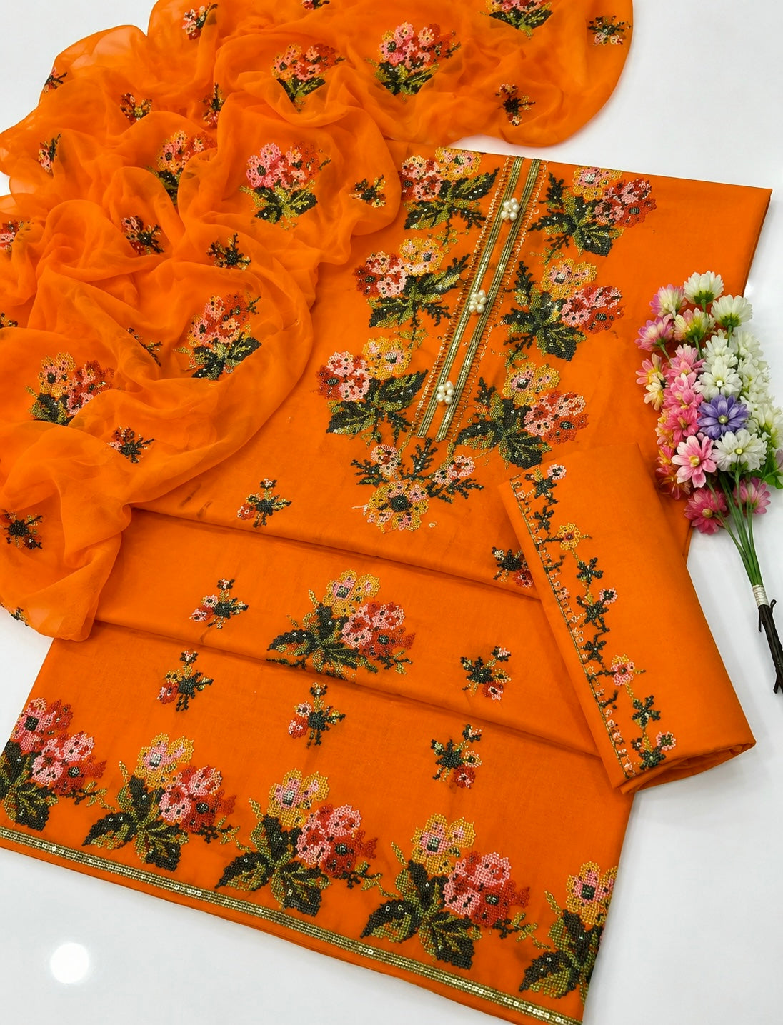 3MM Sequence Sitara Heavy Cross Stitch Multi Floral Embroidery Lawn Cotton with Chiffon Dupatta - 3PC Unstitched Dress 👗
